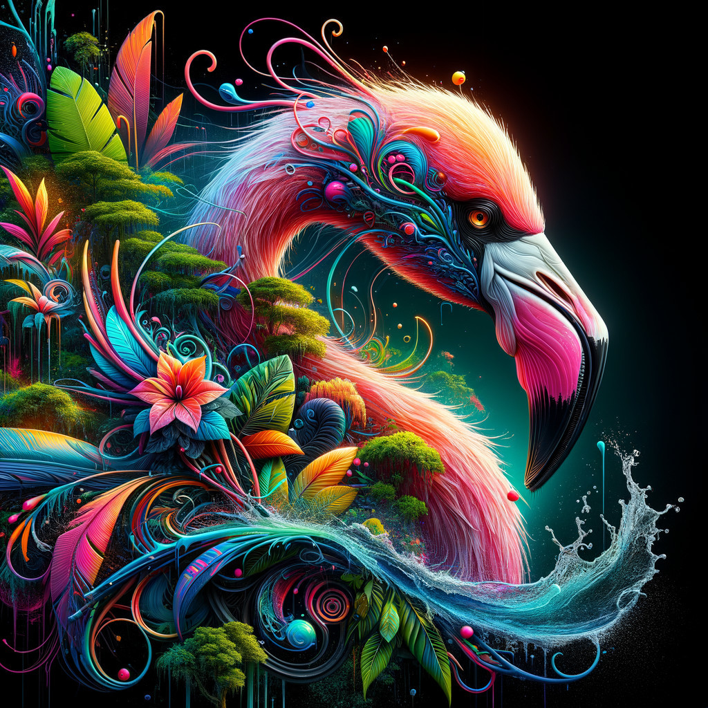 Stylized Flamingo with Floral Patterns and Dark Background