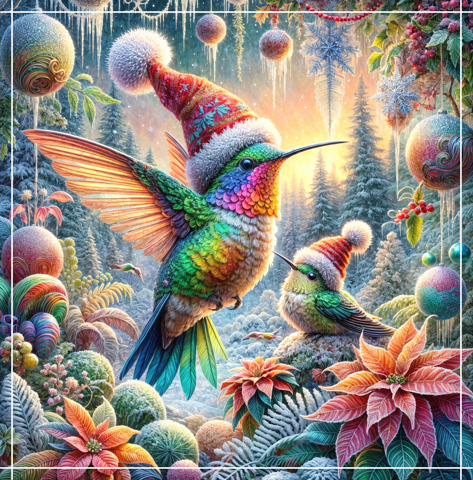 Whimsical Winter Scene with Hummingbirds and Ornaments