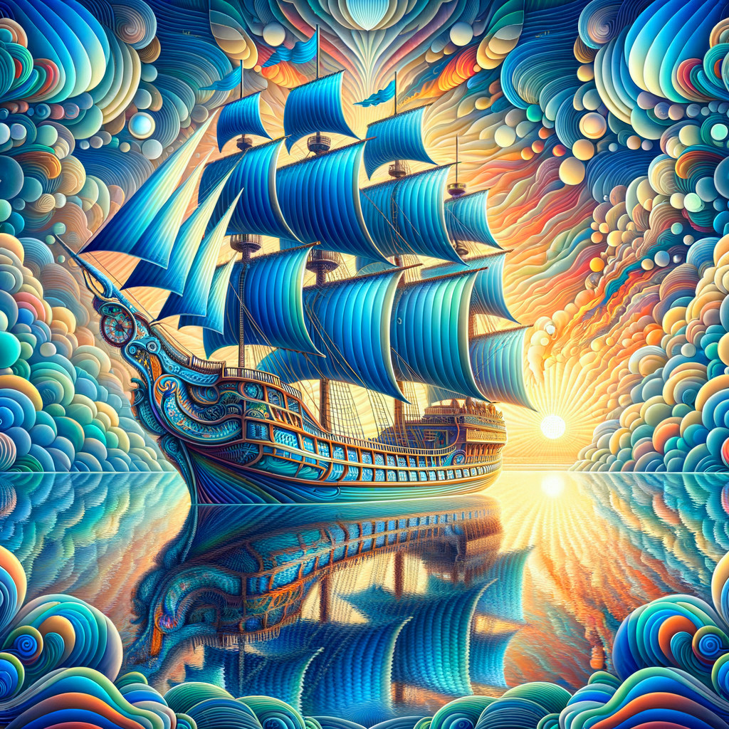Sailing Ship with Blue Sails on Tranquil Sunset Sea