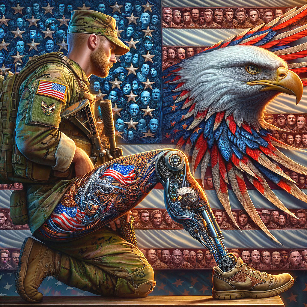 Kneeling Soldier with Decorative Mechanical Leg and Eagle
