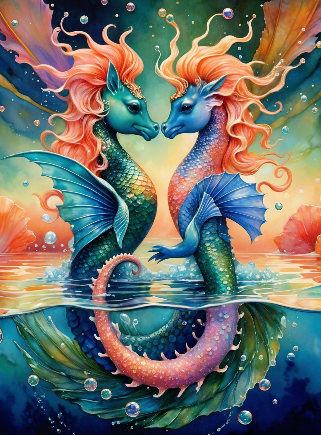 Mythical sea horses in vibrant underwater scene
