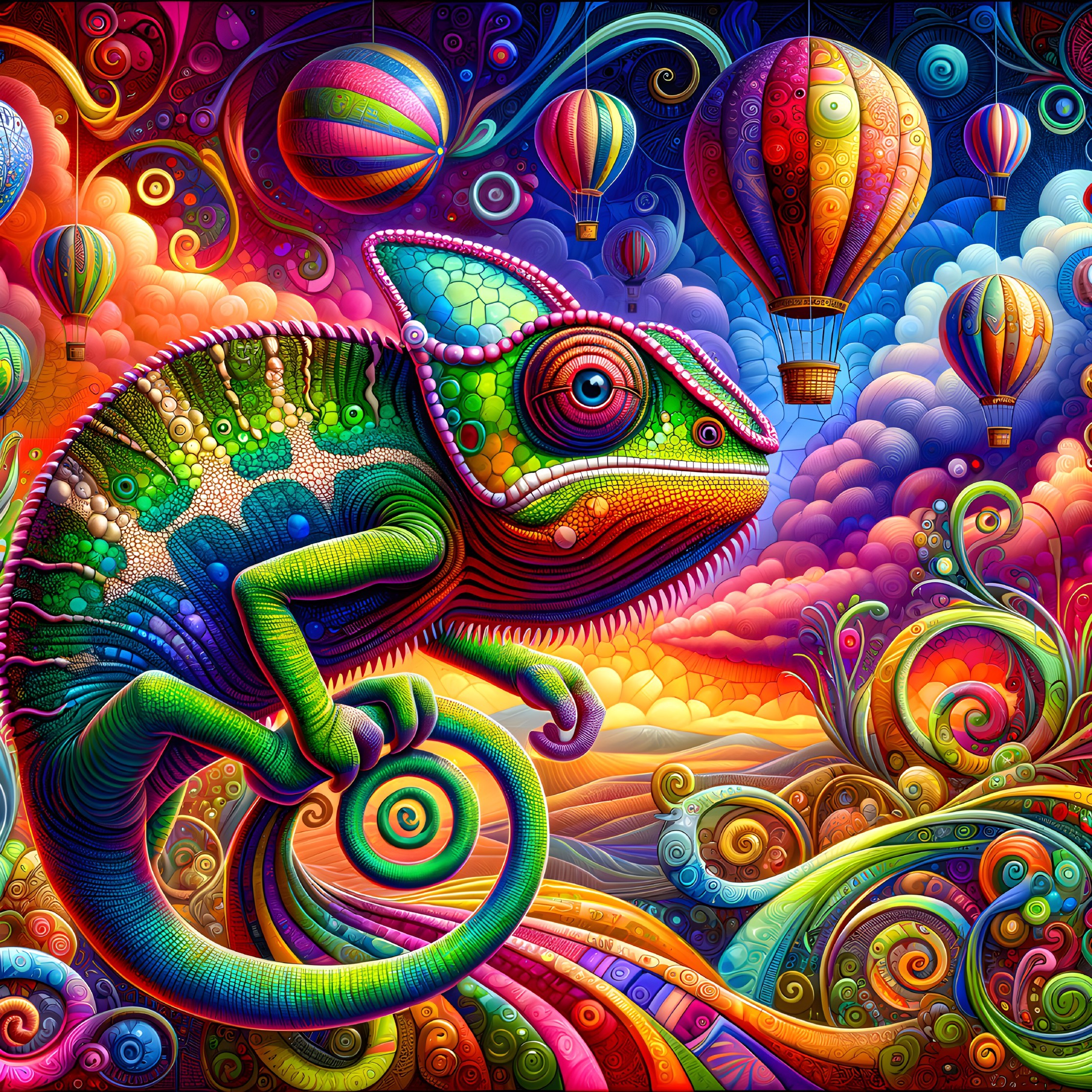 Chameleon in Psychedelic Landscape with Hot Air Balloons