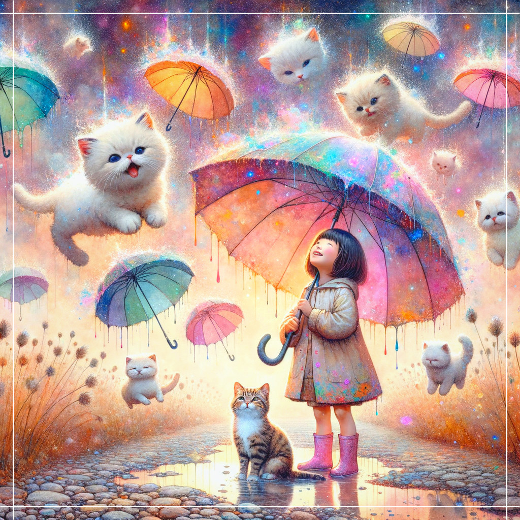 Whimsical Scene of Girl with Umbrellas and Kittens