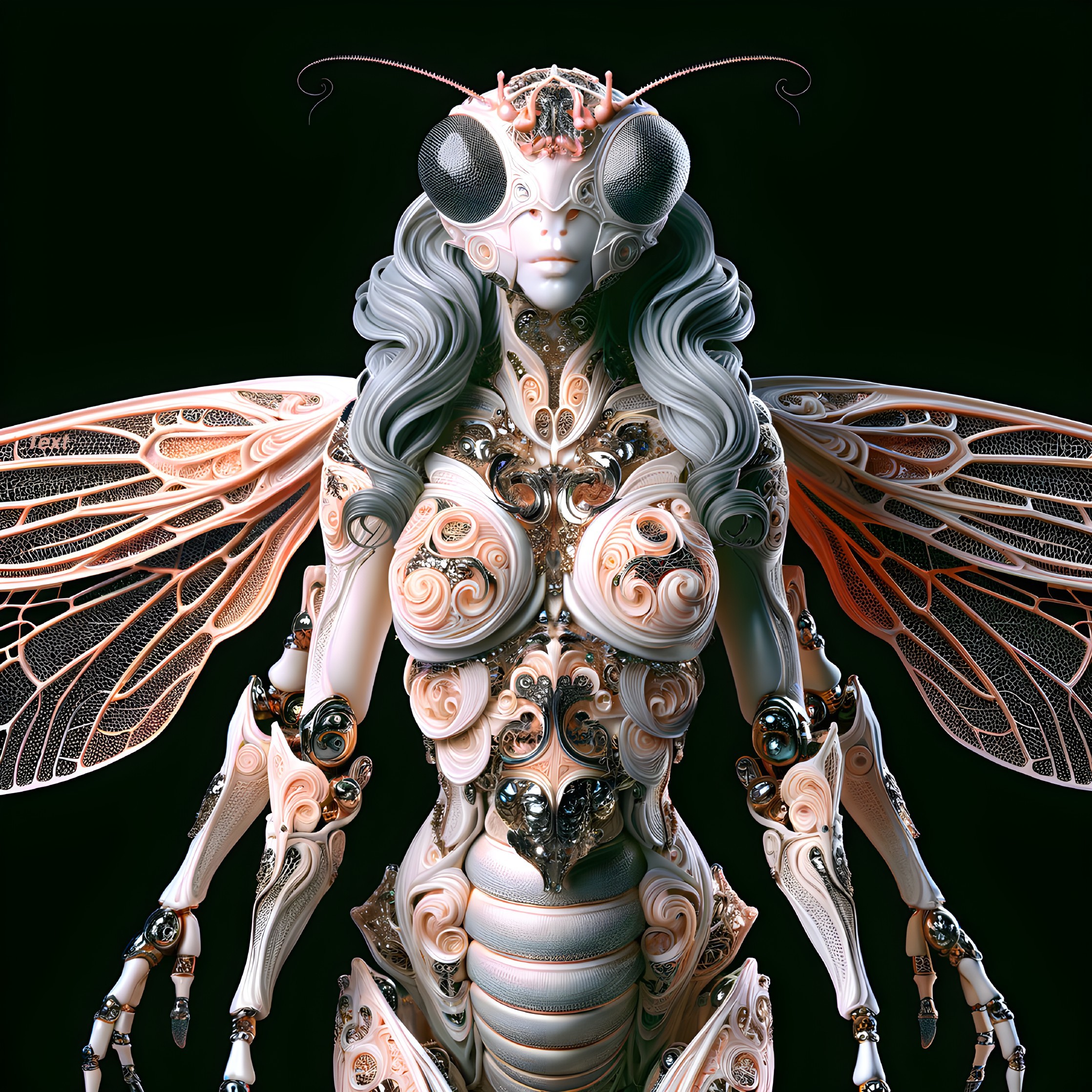 Futuristic humanoid figure with insect-like features