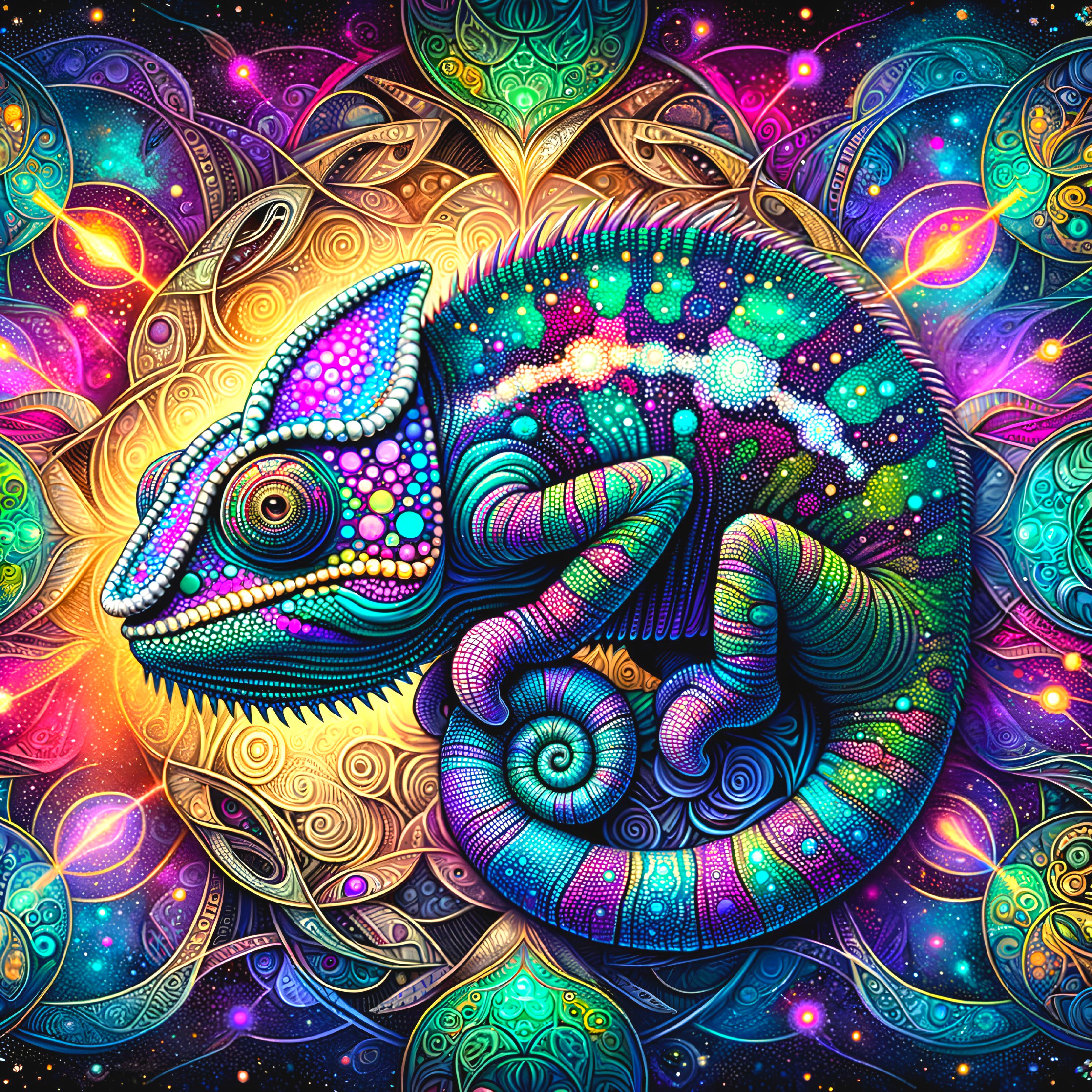 Psychedelic Chameleon Illustration with Mandala Patterns