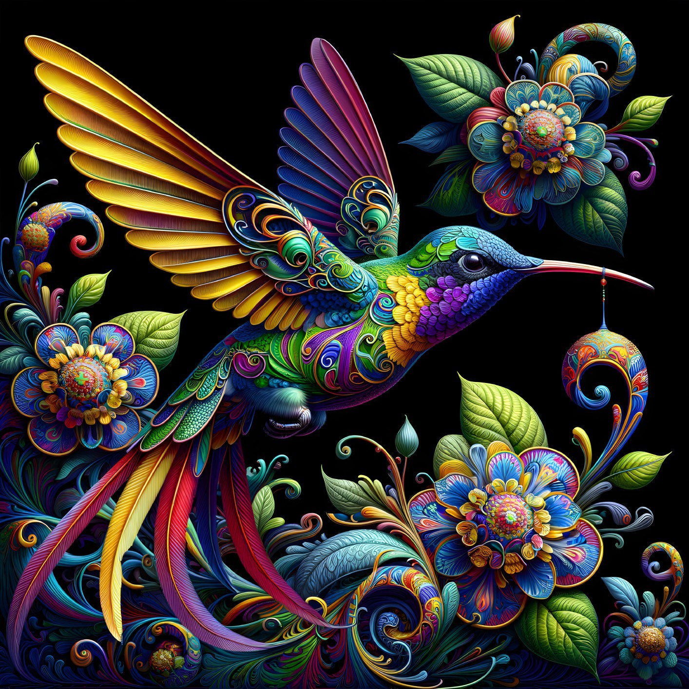 Vibrant Hummingbird Among Colorful Flowers and Leaves