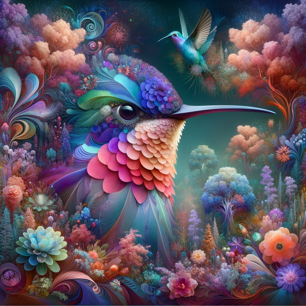 Vibrant Hummingbird in Colorful Floral Landscape