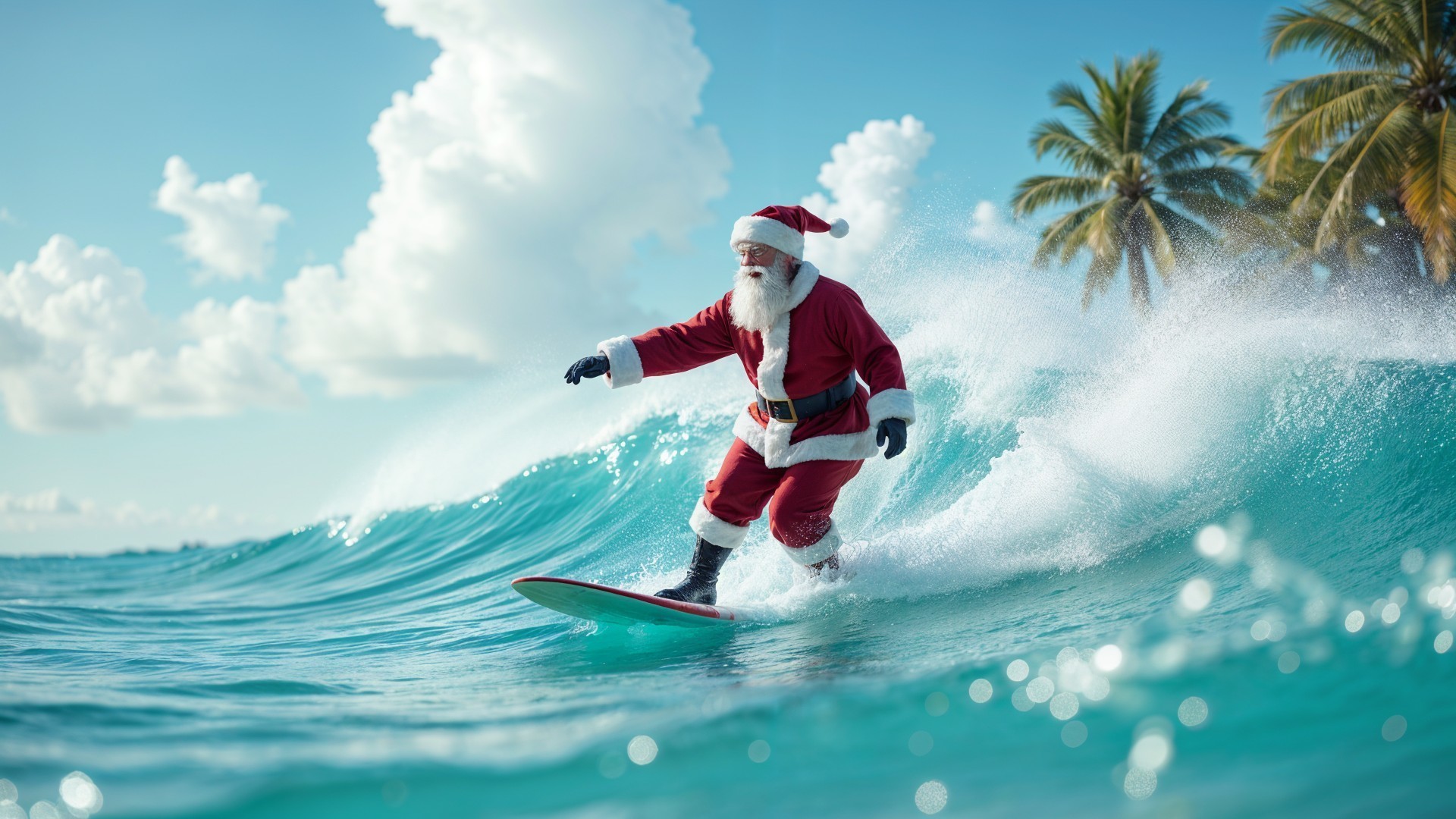Santa Claus Surfing in Tropical Paradise Setting