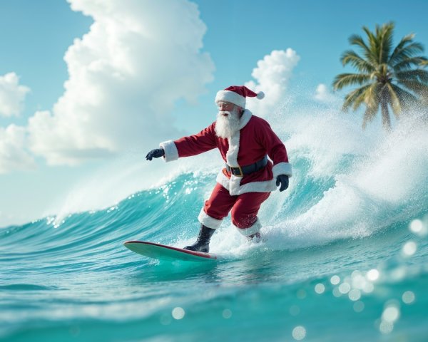 Santa Claus Surfing in Tropical Paradise Setting