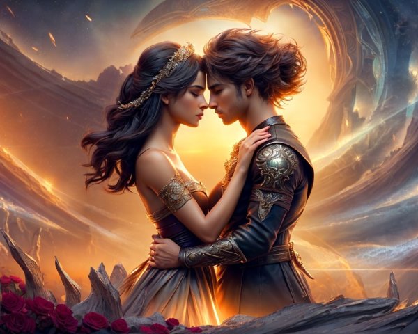 Romantic Couple in Mystical Realm with Cosmic Elements