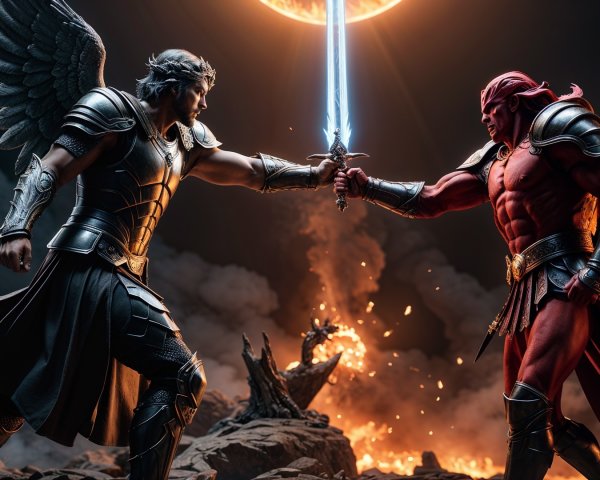 Winged Warrior and Red-Skinned Foe in Epic Battle