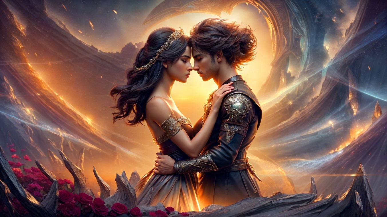 Romantic Couple in Mystical Realm with Cosmic Elements