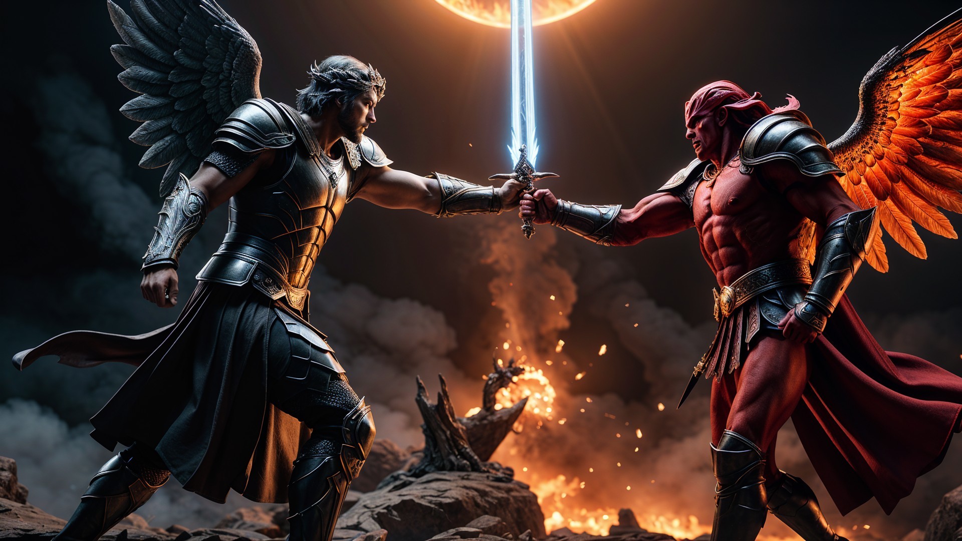 Winged Warrior and Red-Skinned Foe in Epic Battle