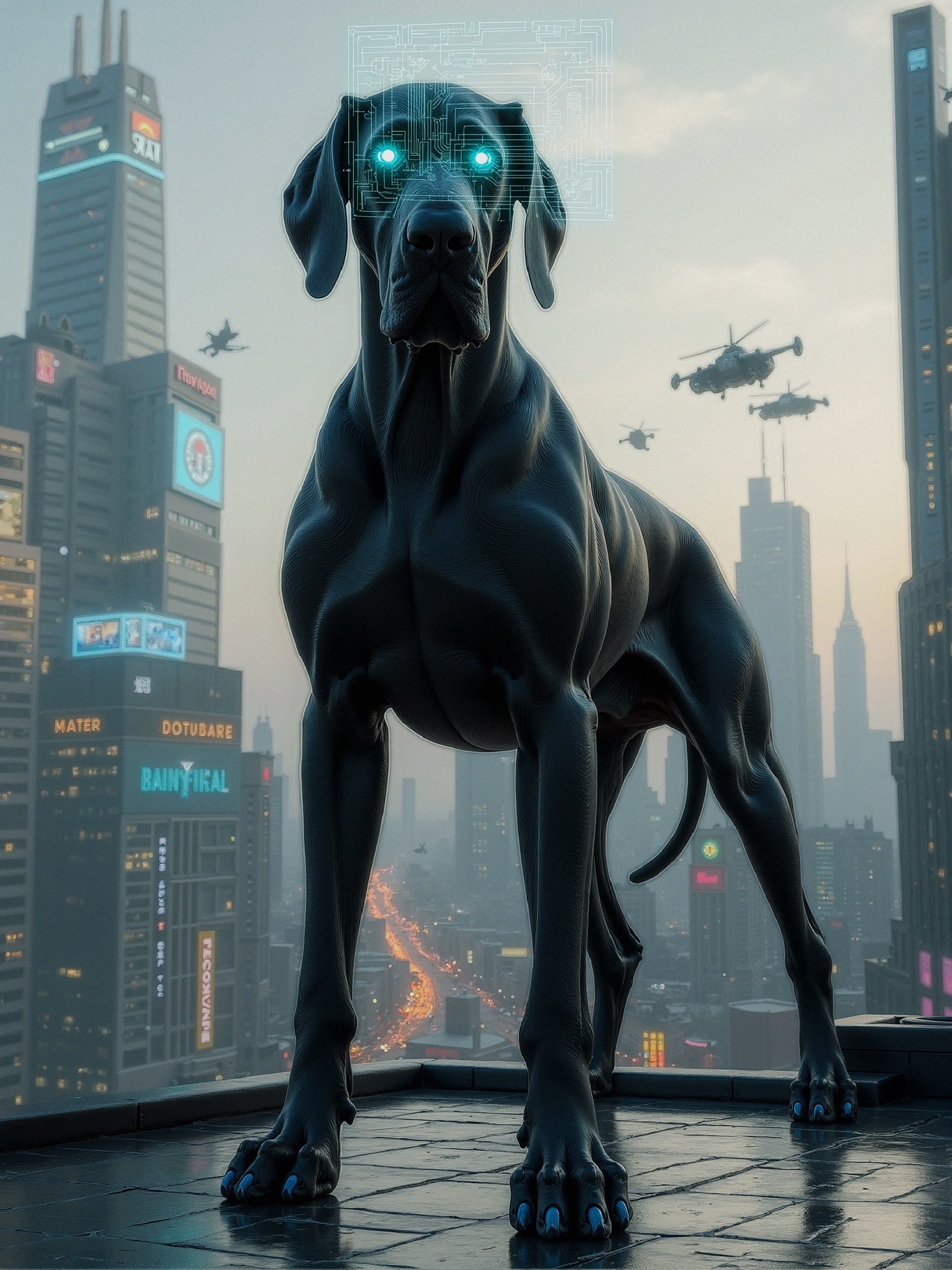 Futuristic Cybernetic Great Dane Overlooking Cityscape
