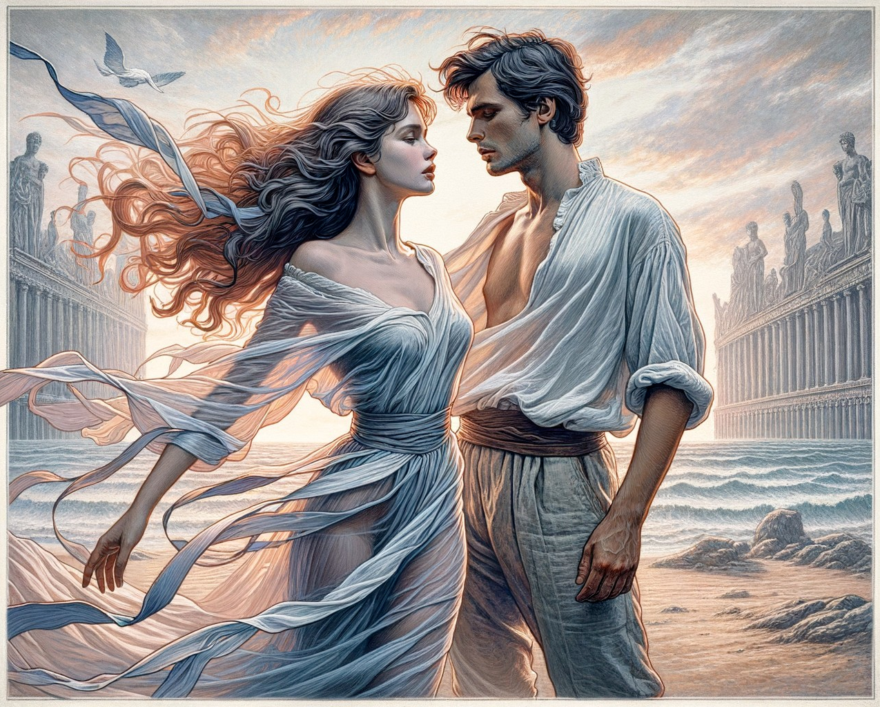 Romantic Beach Scene with Sunset and Ancient Columns