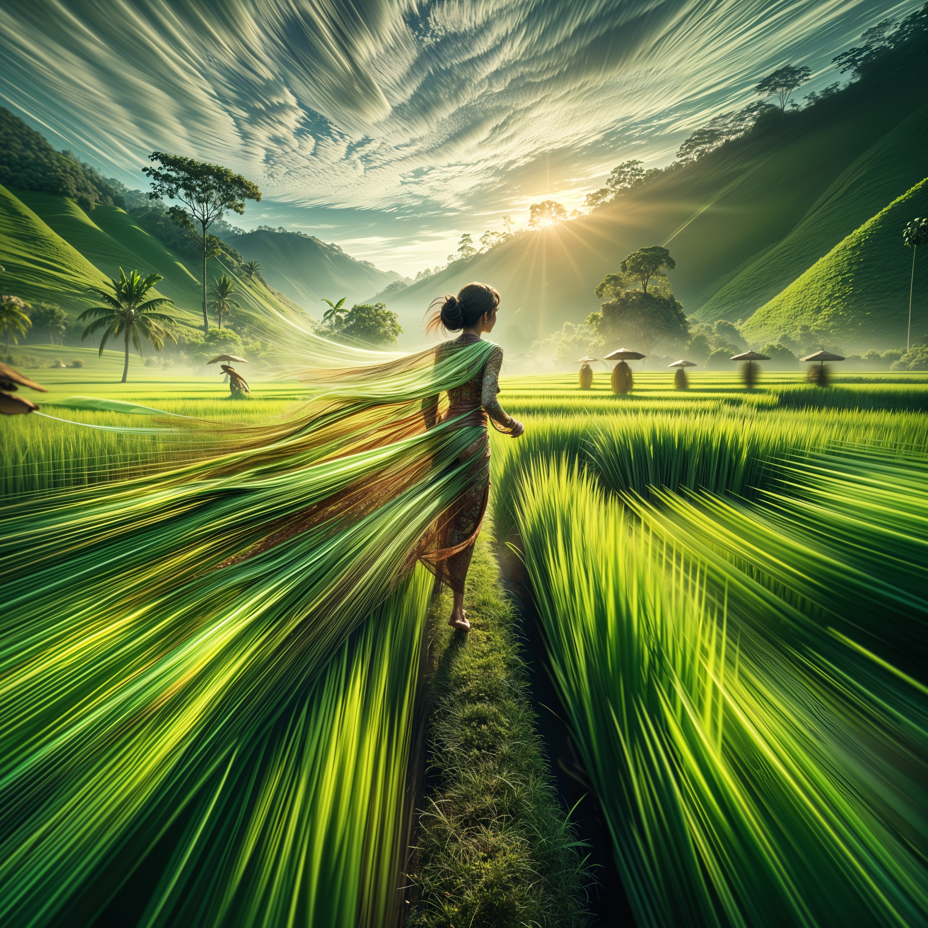 Young Woman in Lush Green Rice Fields at Sunrise