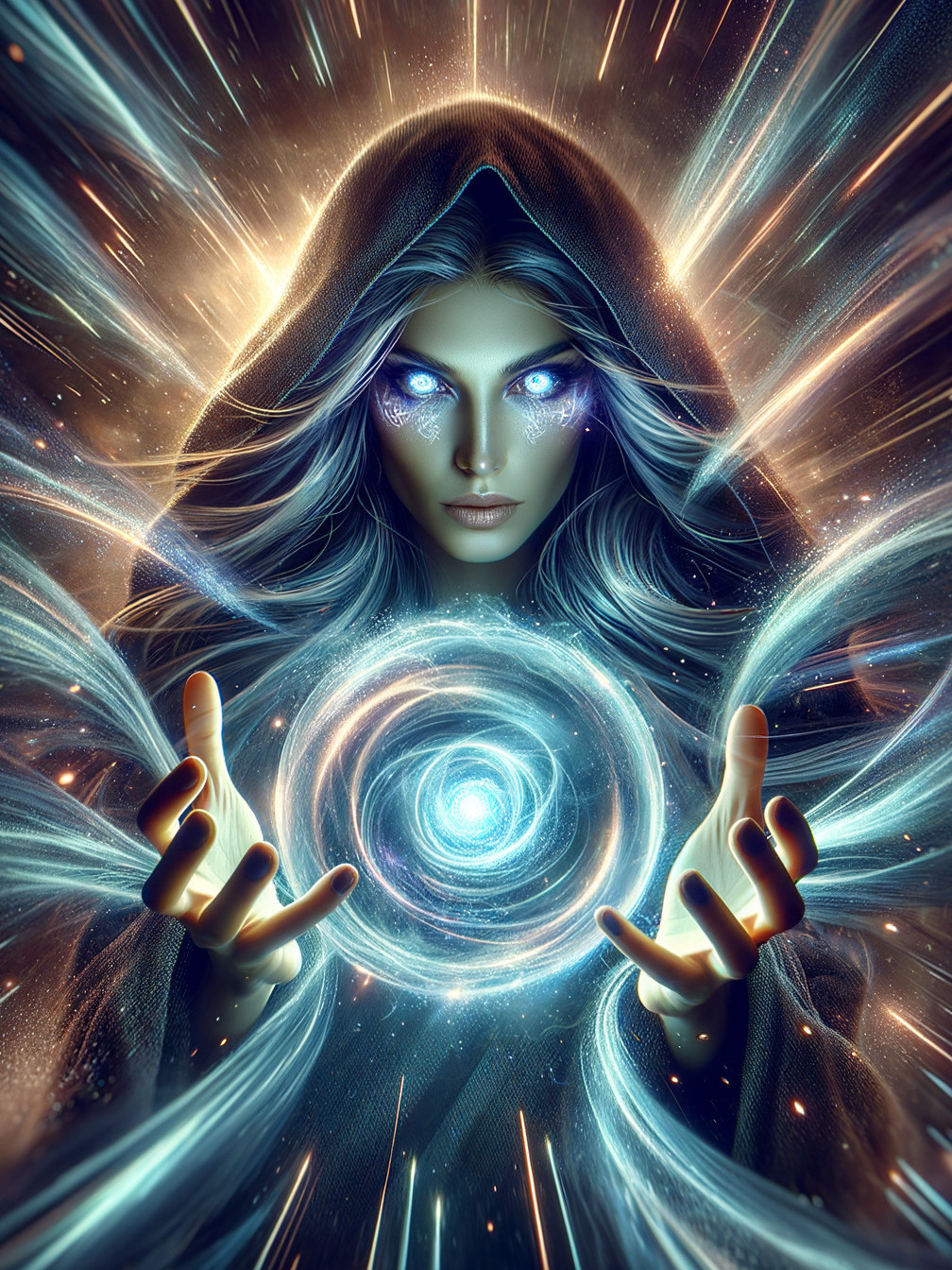 Mystical Figure in Cloak Surrounded by Cosmic Energies