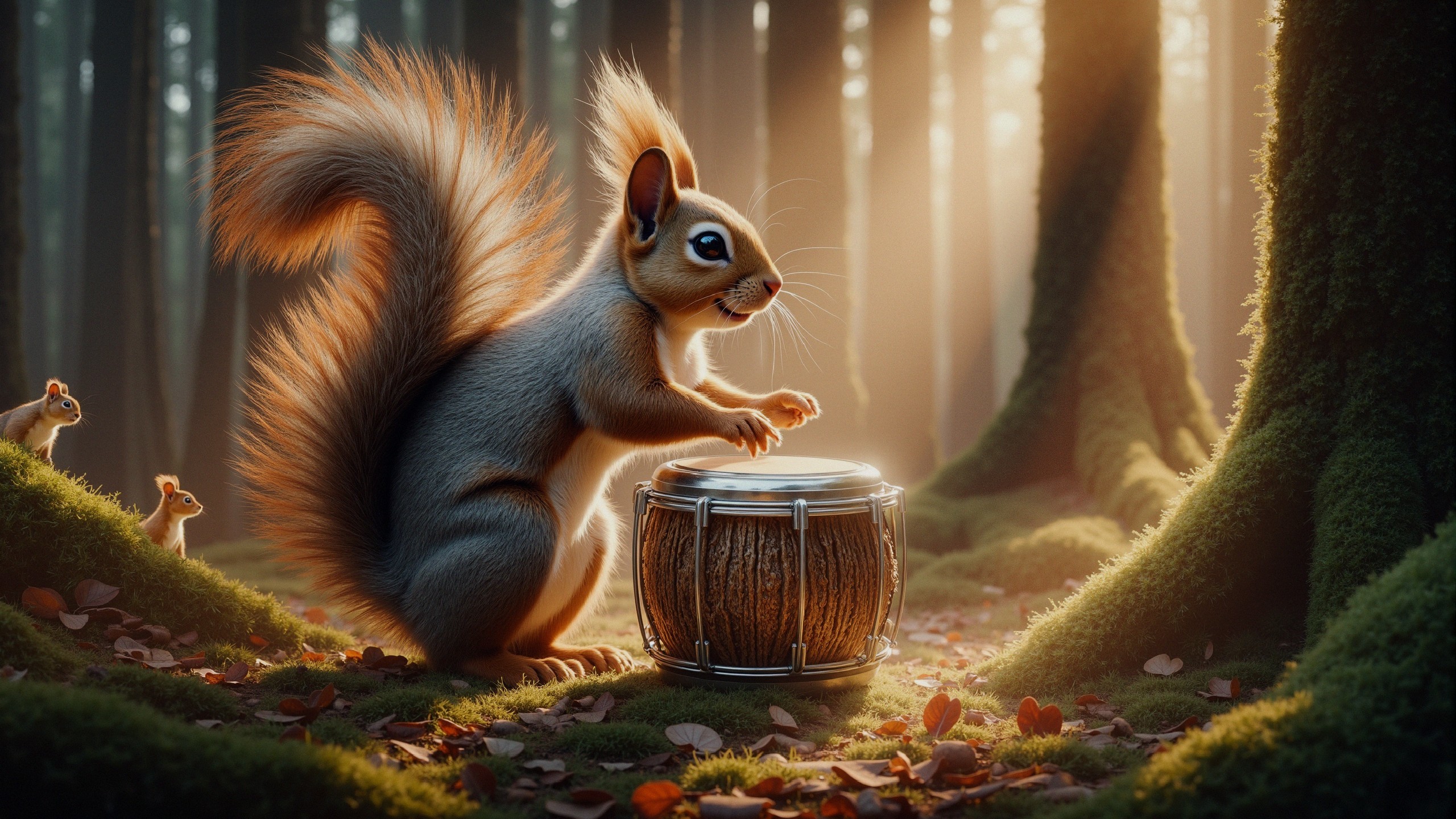 Squirrel Playing Drum in Sunlit Forest Setting