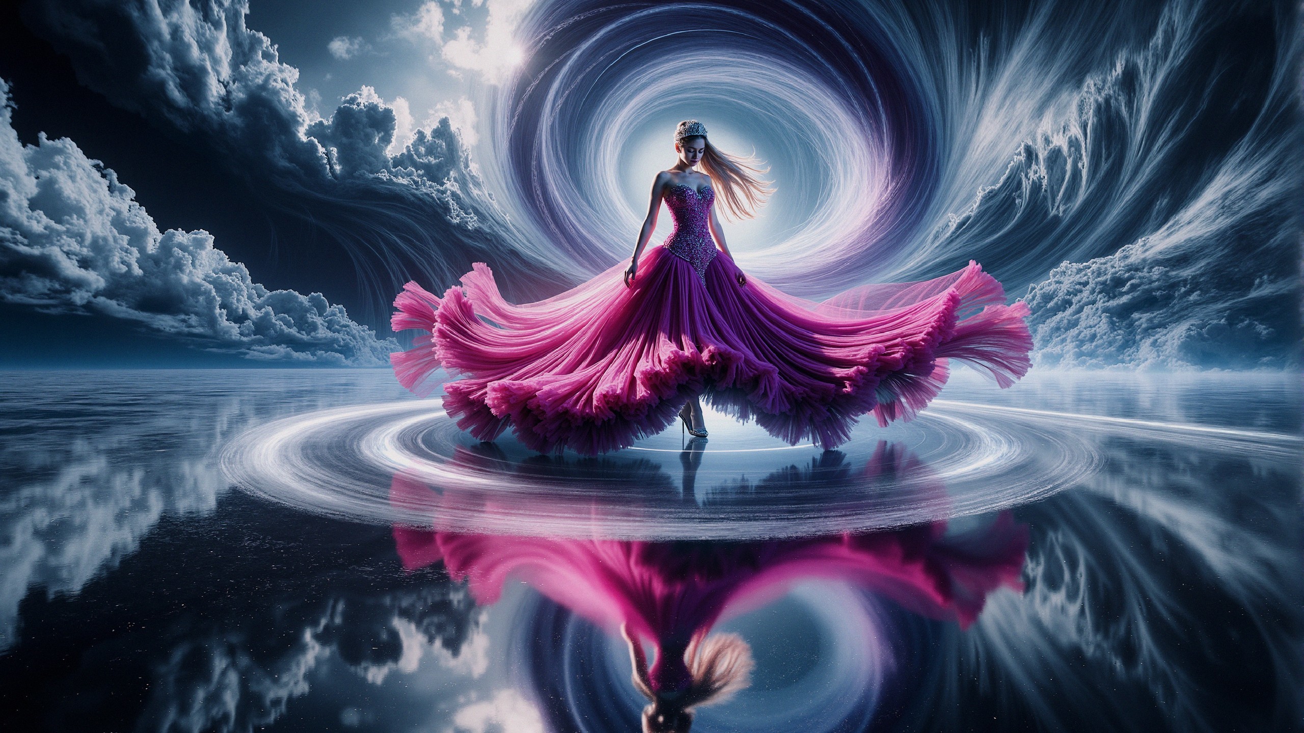 Dancer in Pink Gown Against Surreal Backdrop