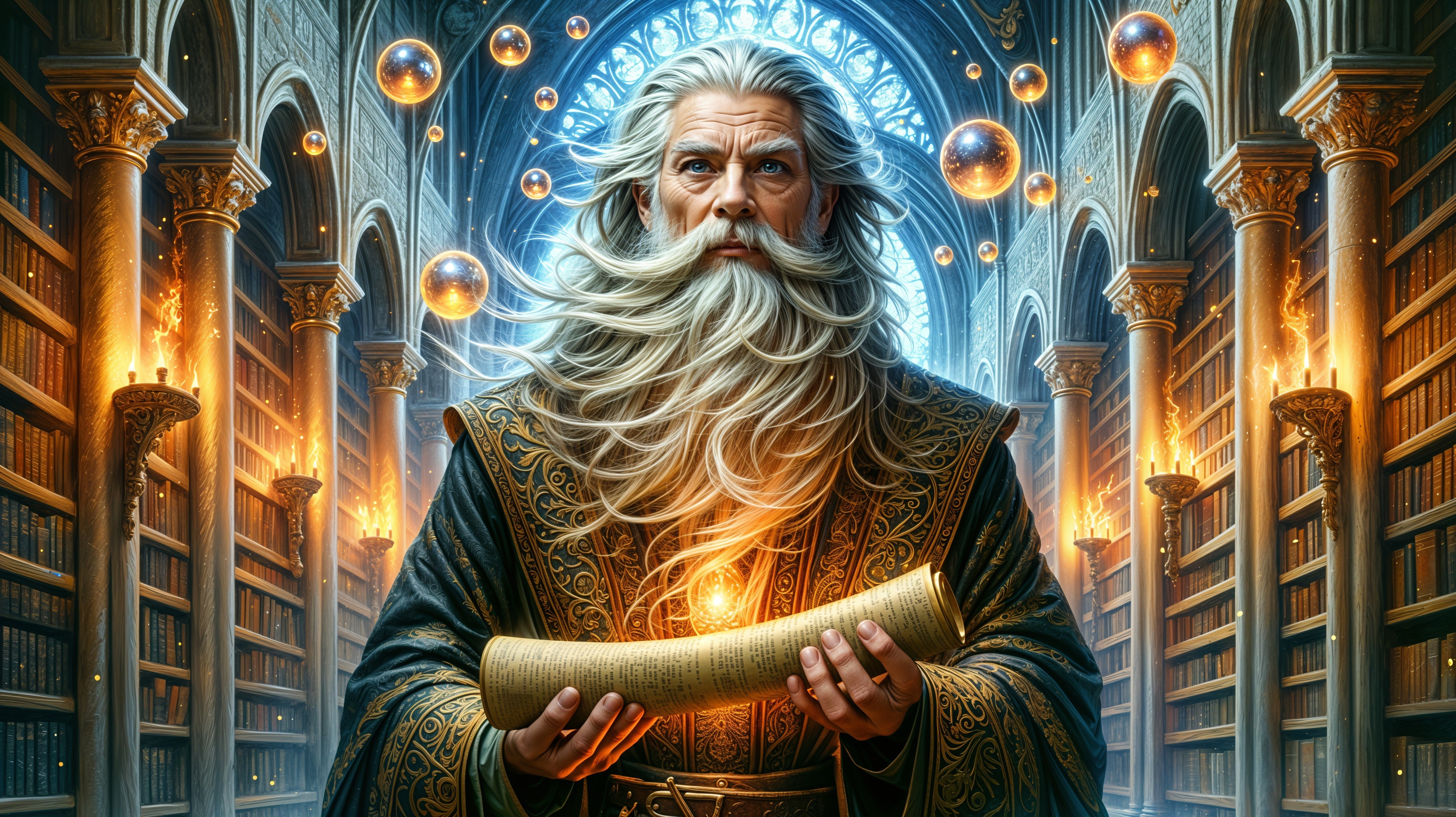 Grand library with a wise figure and glowing scroll