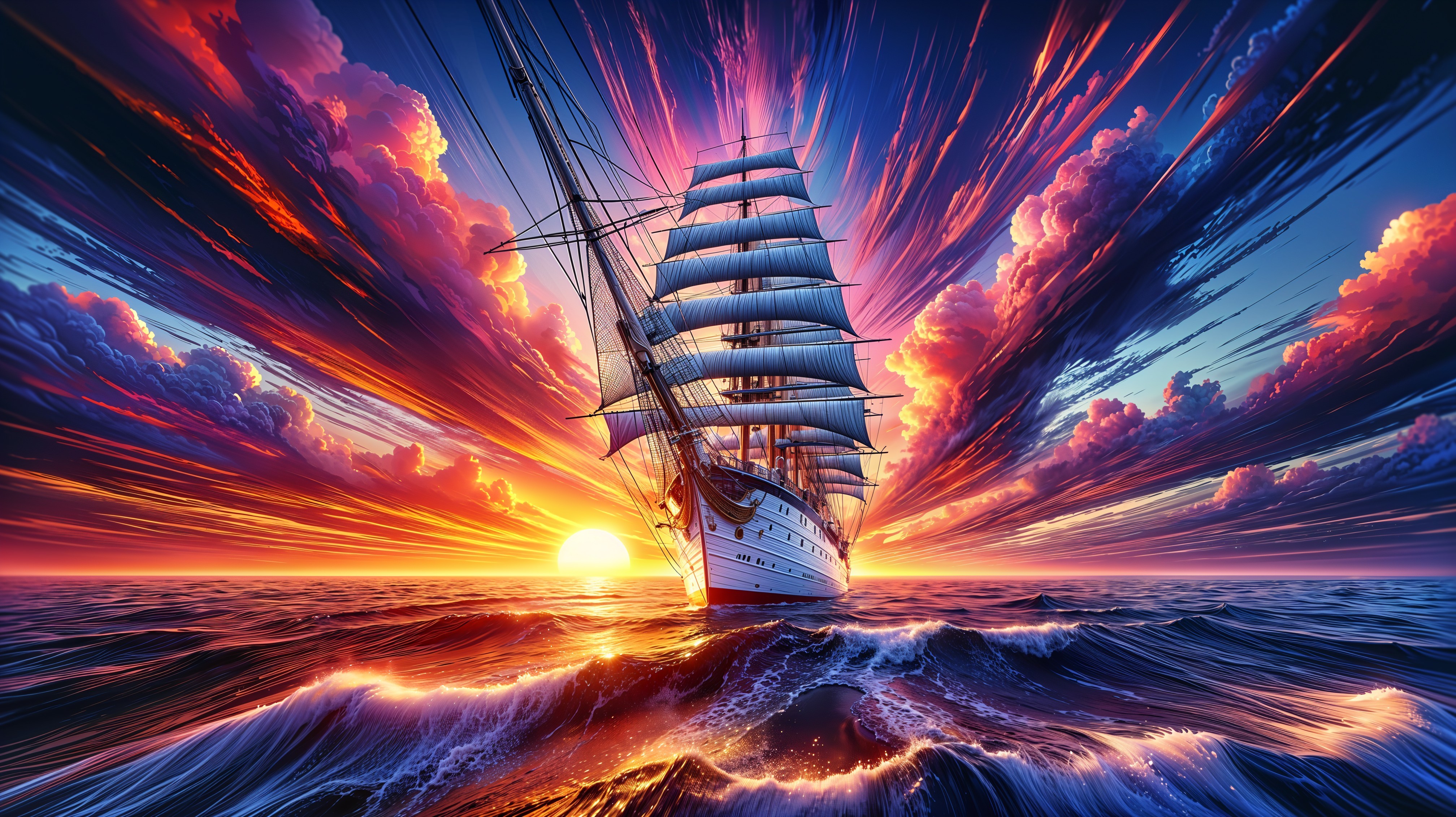 Tall Ship Sailing into Vibrant Sunset Over Ocean