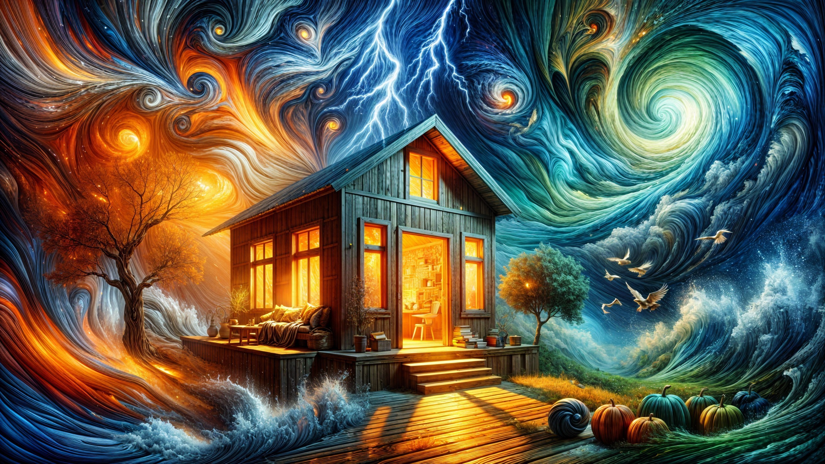 Rustic Wooden House Amidst Vibrant Cosmic Vortex