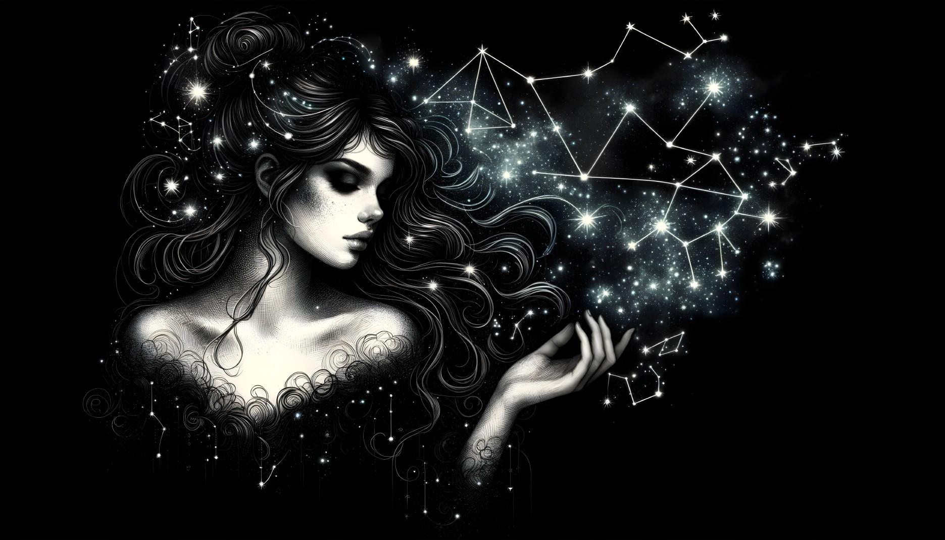 Monochromatic illustration: Woman with flowing hair and stars against dark background