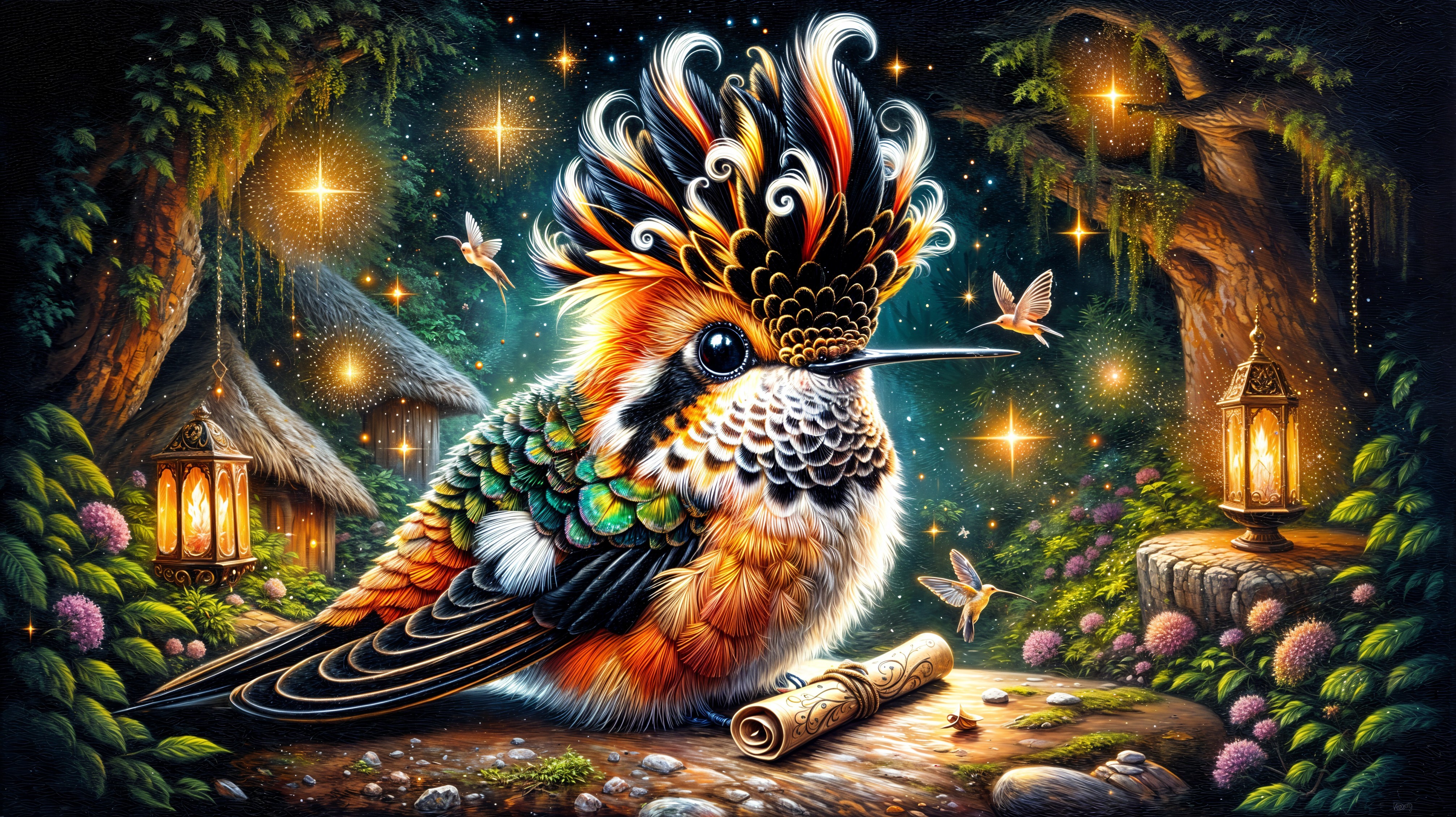 Colorful Bird in Whimsical Forest with Fairies
