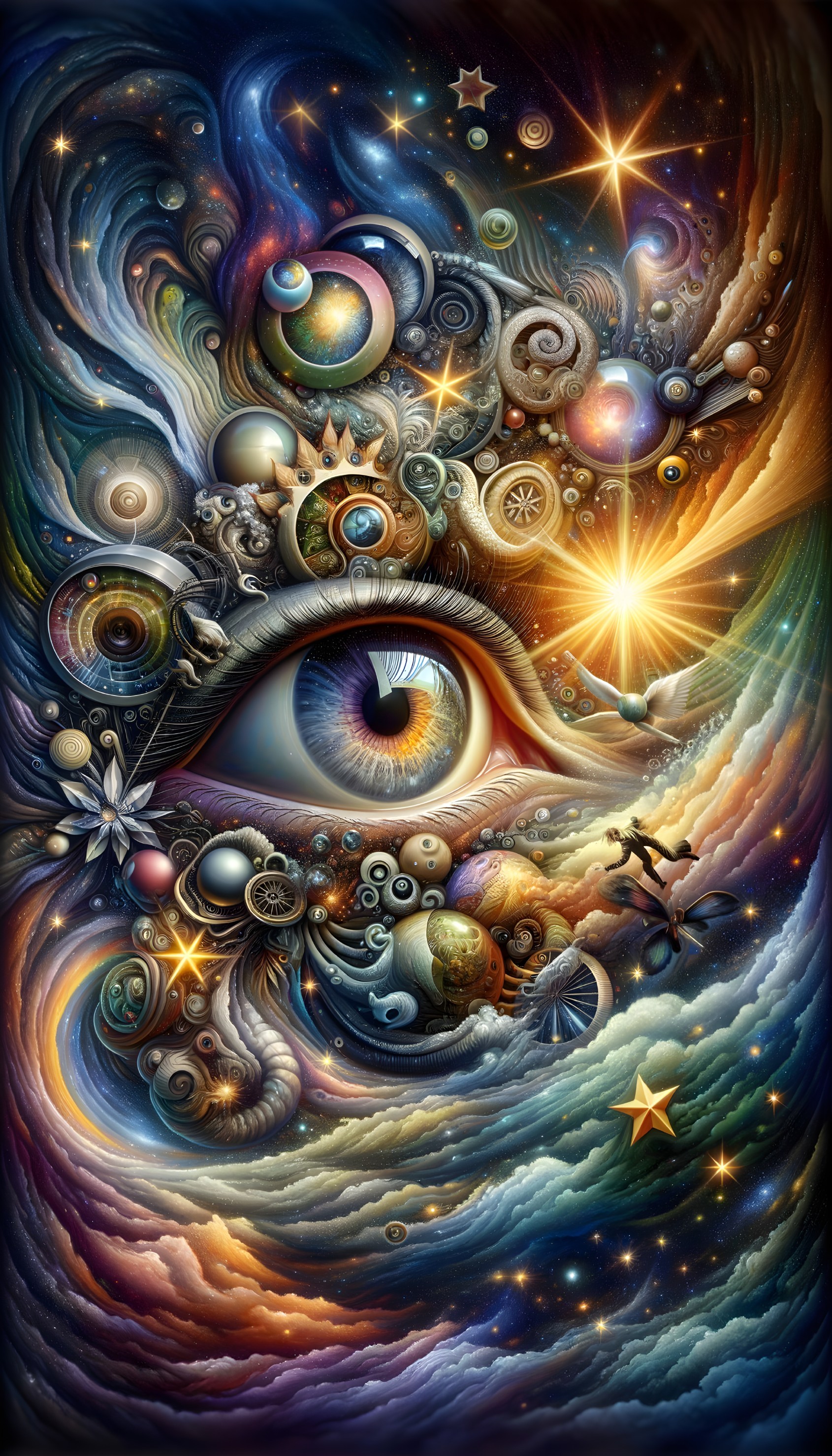 Surreal cosmic illustration with multiple eyes and celestial motifs in vibrant colors