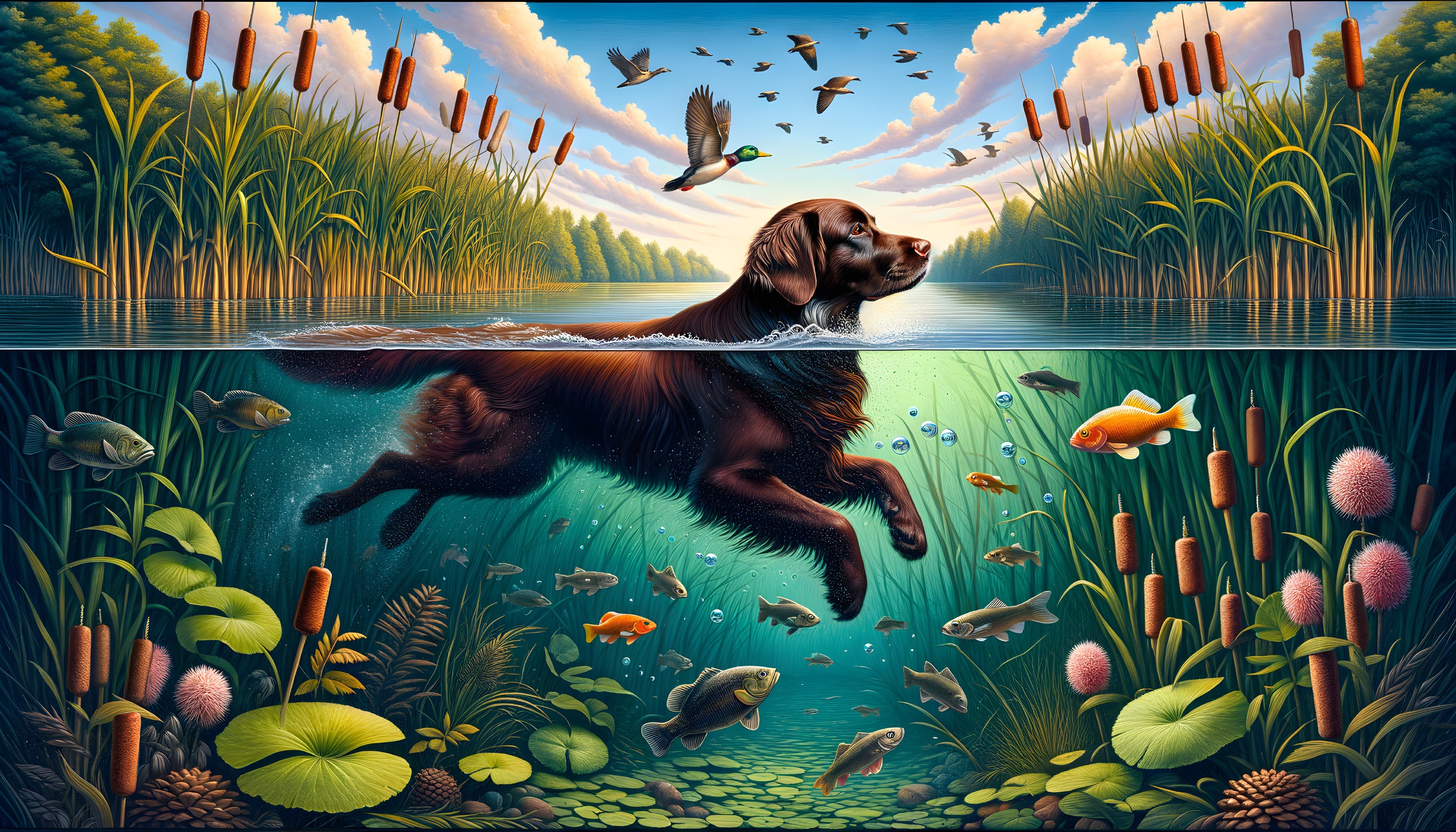 Brown Dog Swimming in Clear Water Surrounded by Nature
