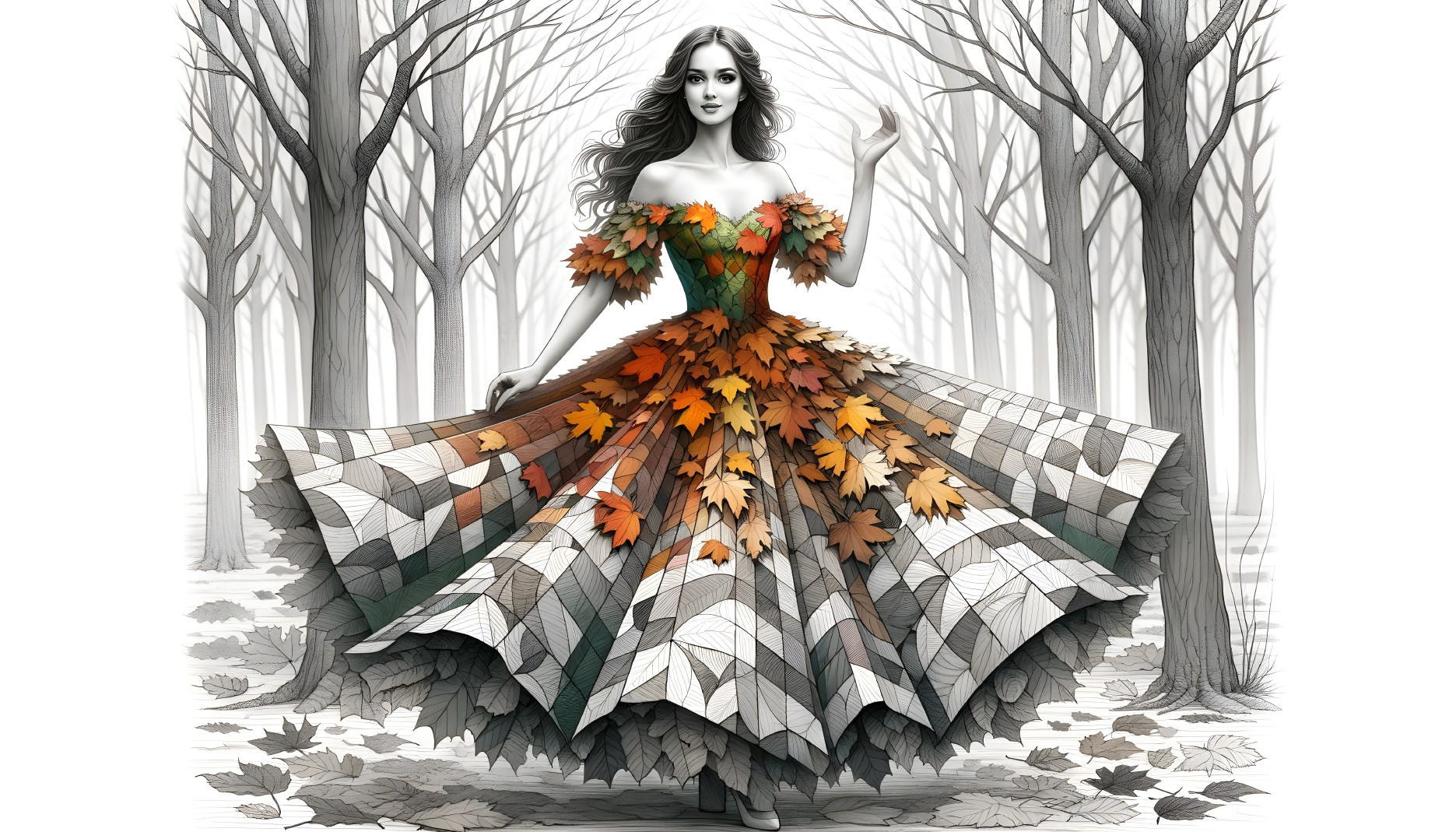 Woman with flowing hair in leaf-patterned dress in monochromatic forest