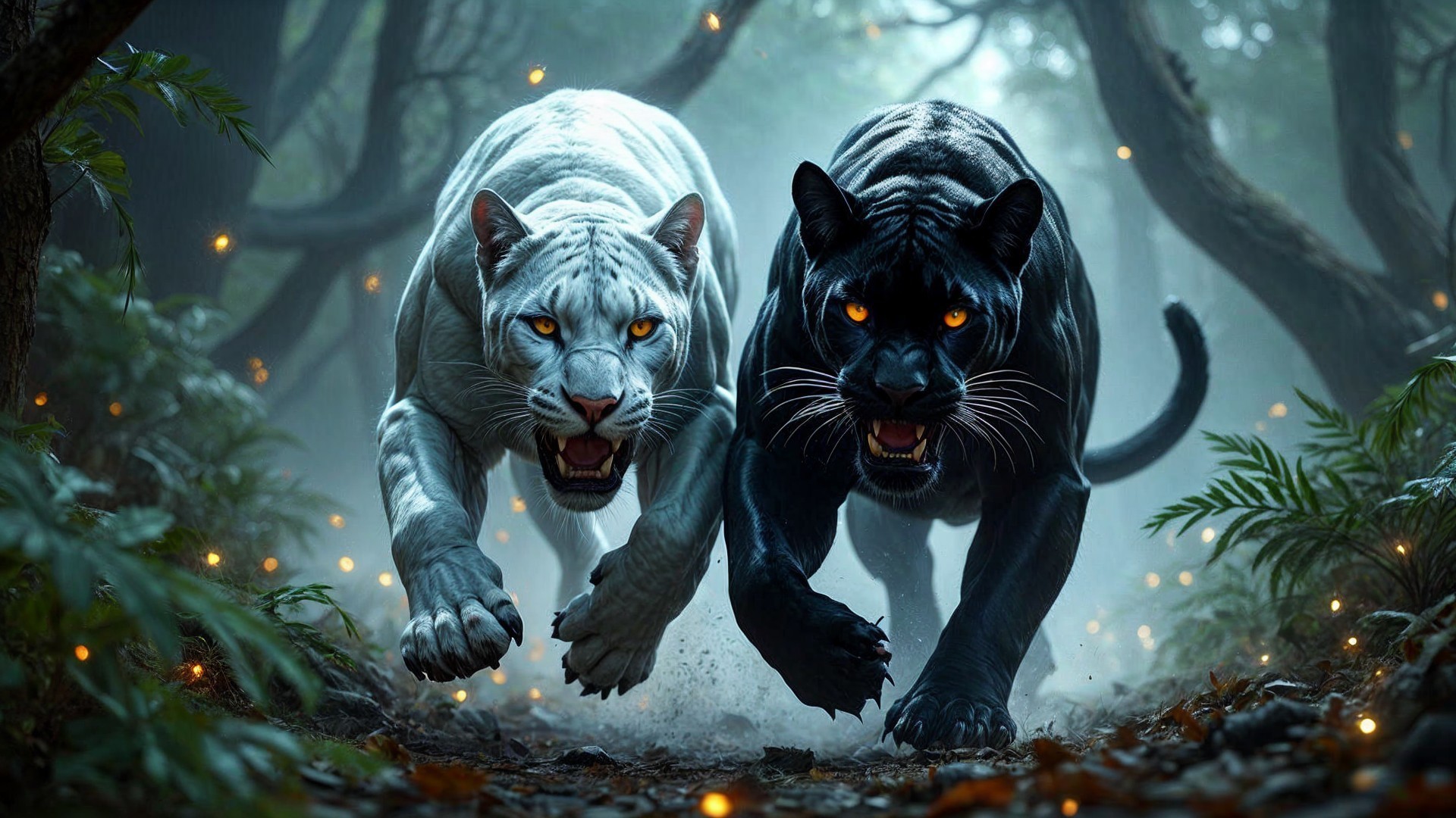 Majestic Big Cats in a Mystical Forest Scene