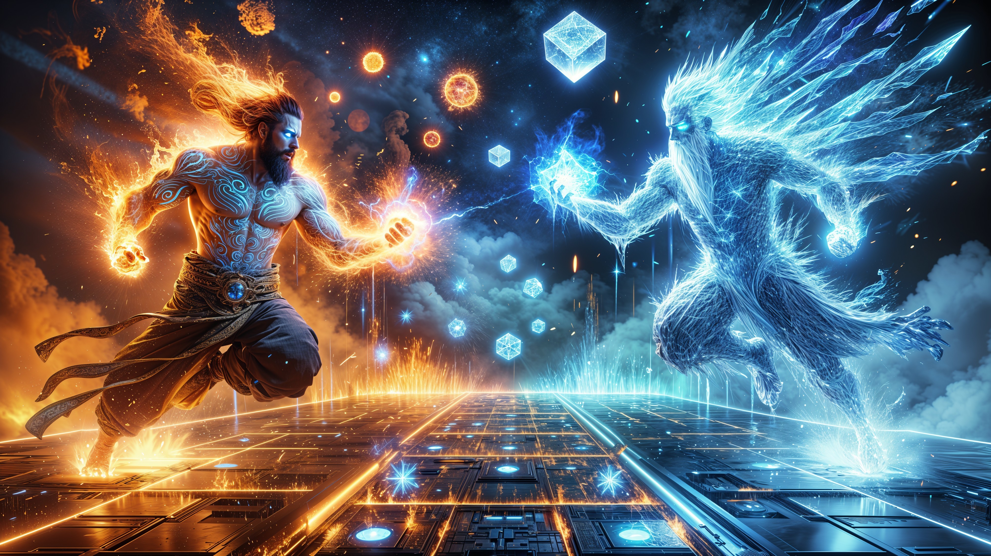 Cosmic Battle of Fire and Ice in a Vibrant Arena