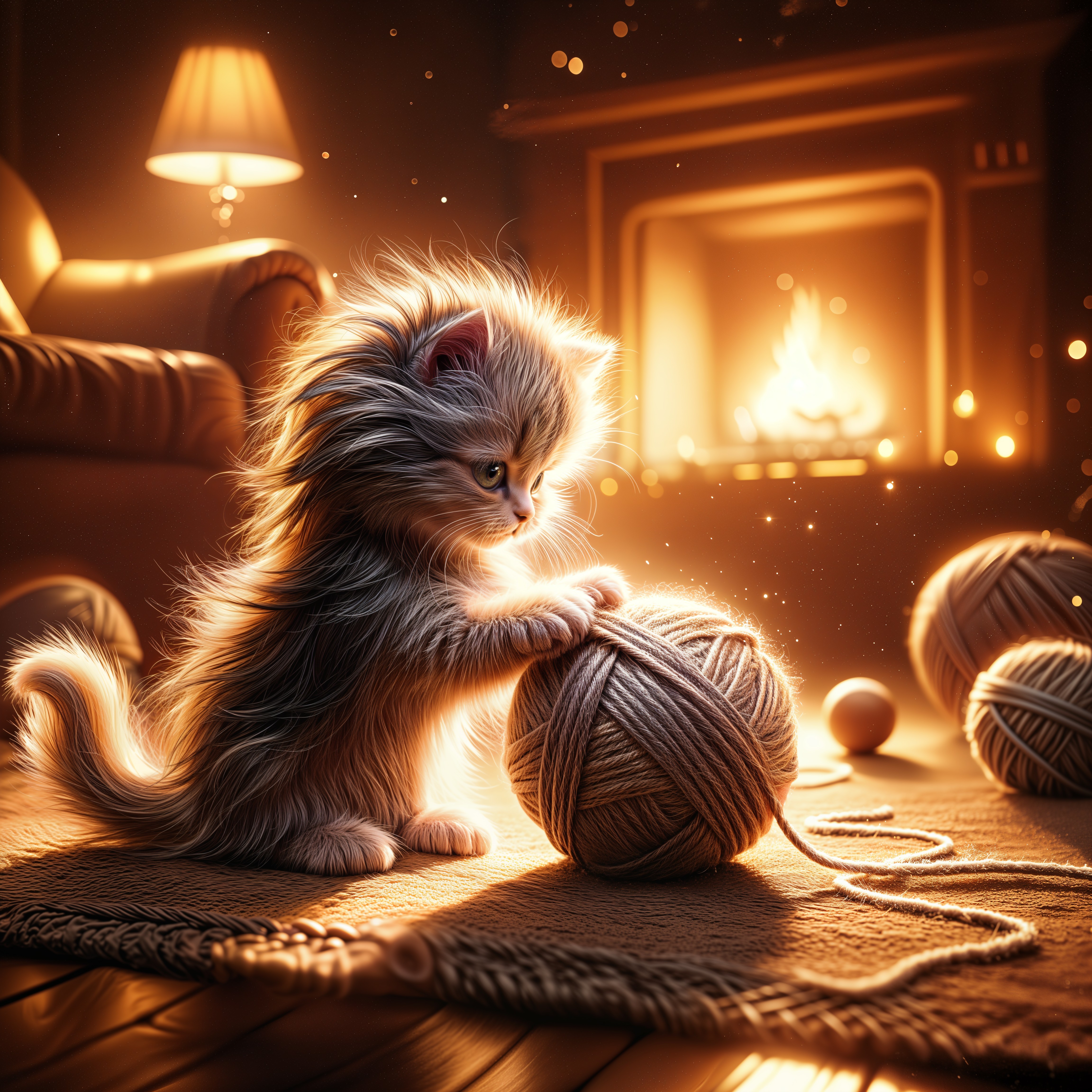 Fluffy Kitten Playing with Yarn in Cozy Room