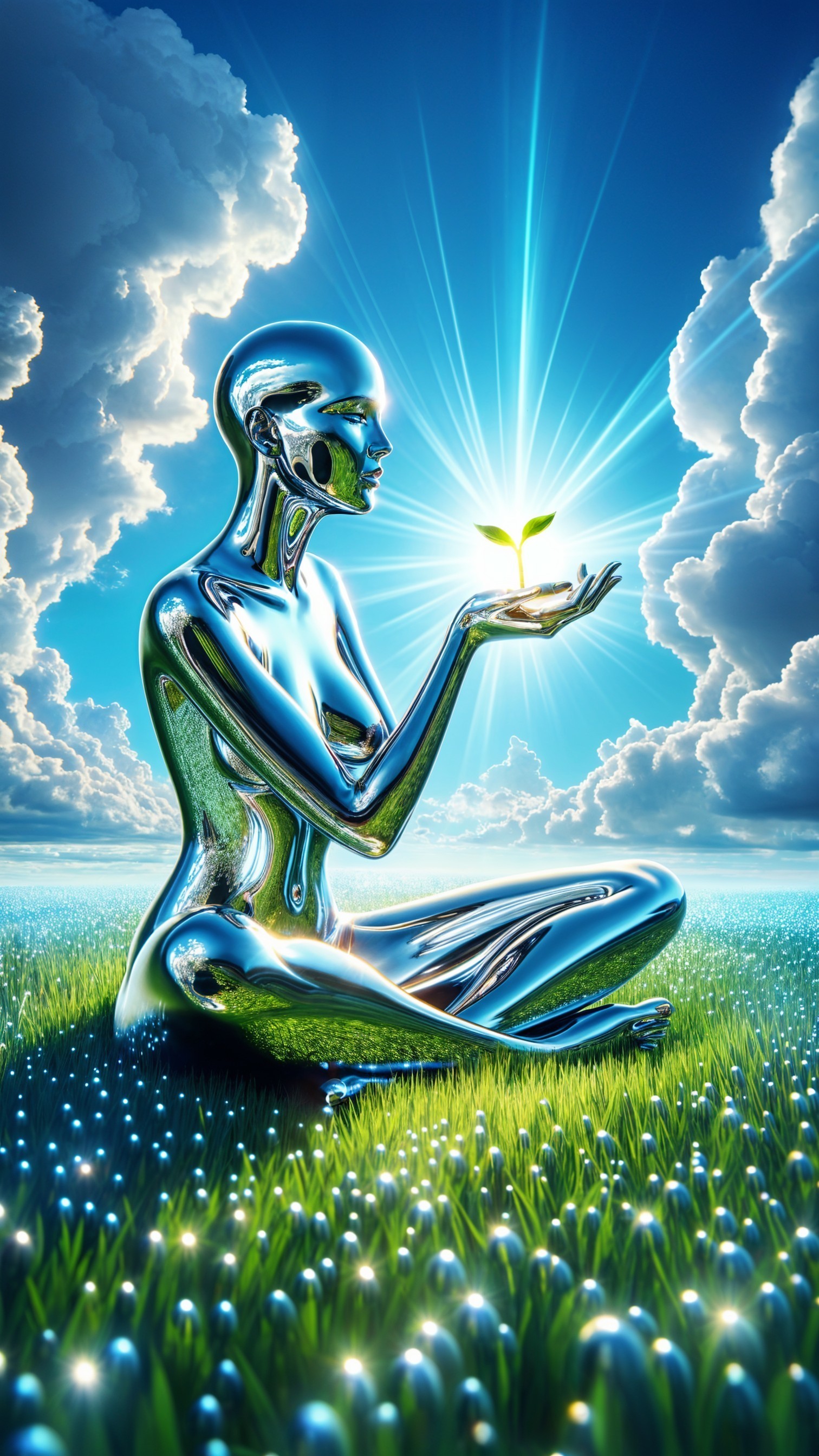 Silver Humanoid Figure in Green Field with Plant