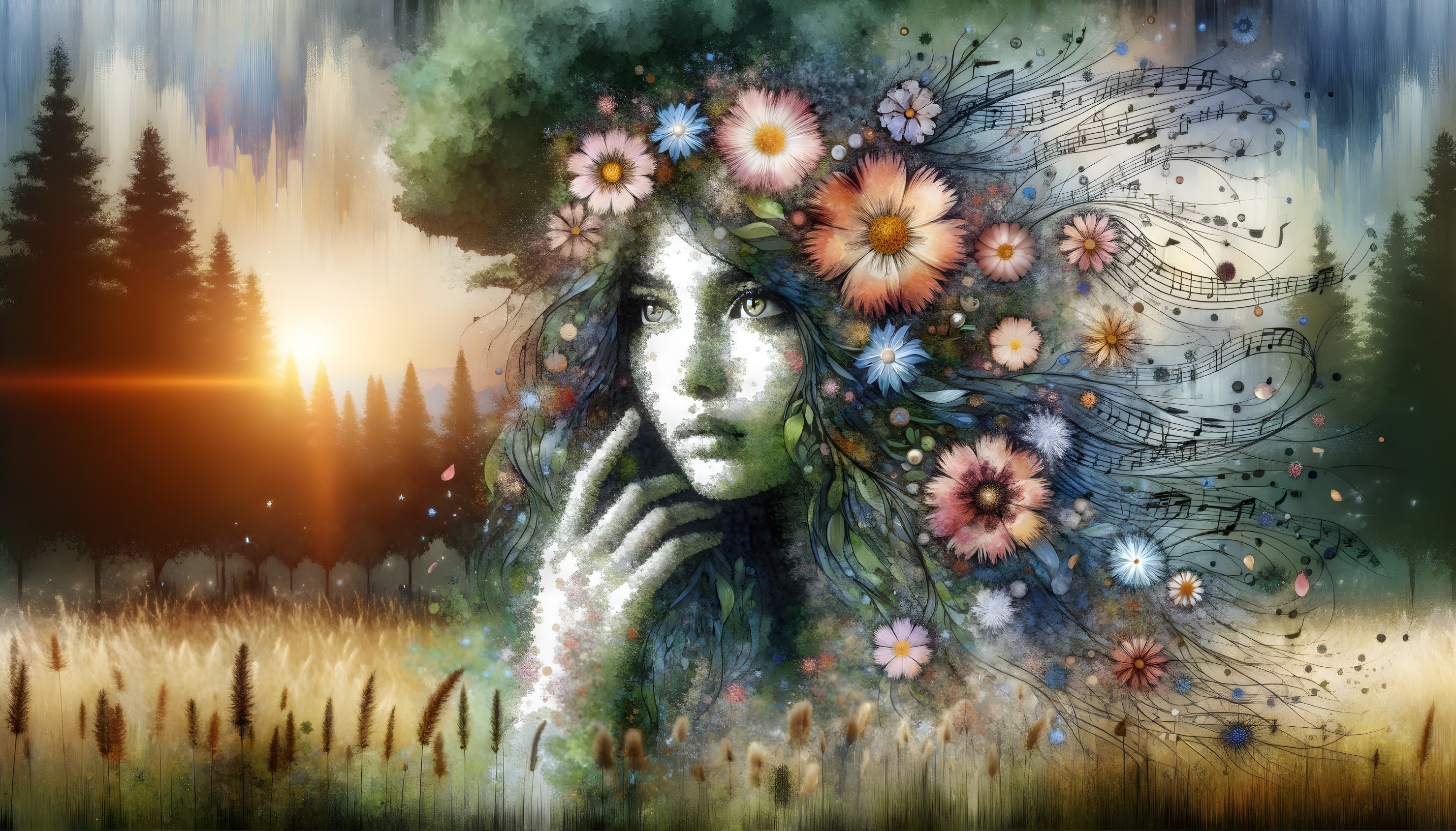 Whimsical painting of woman with flowers and musical notes in hair blending into scenic landscape