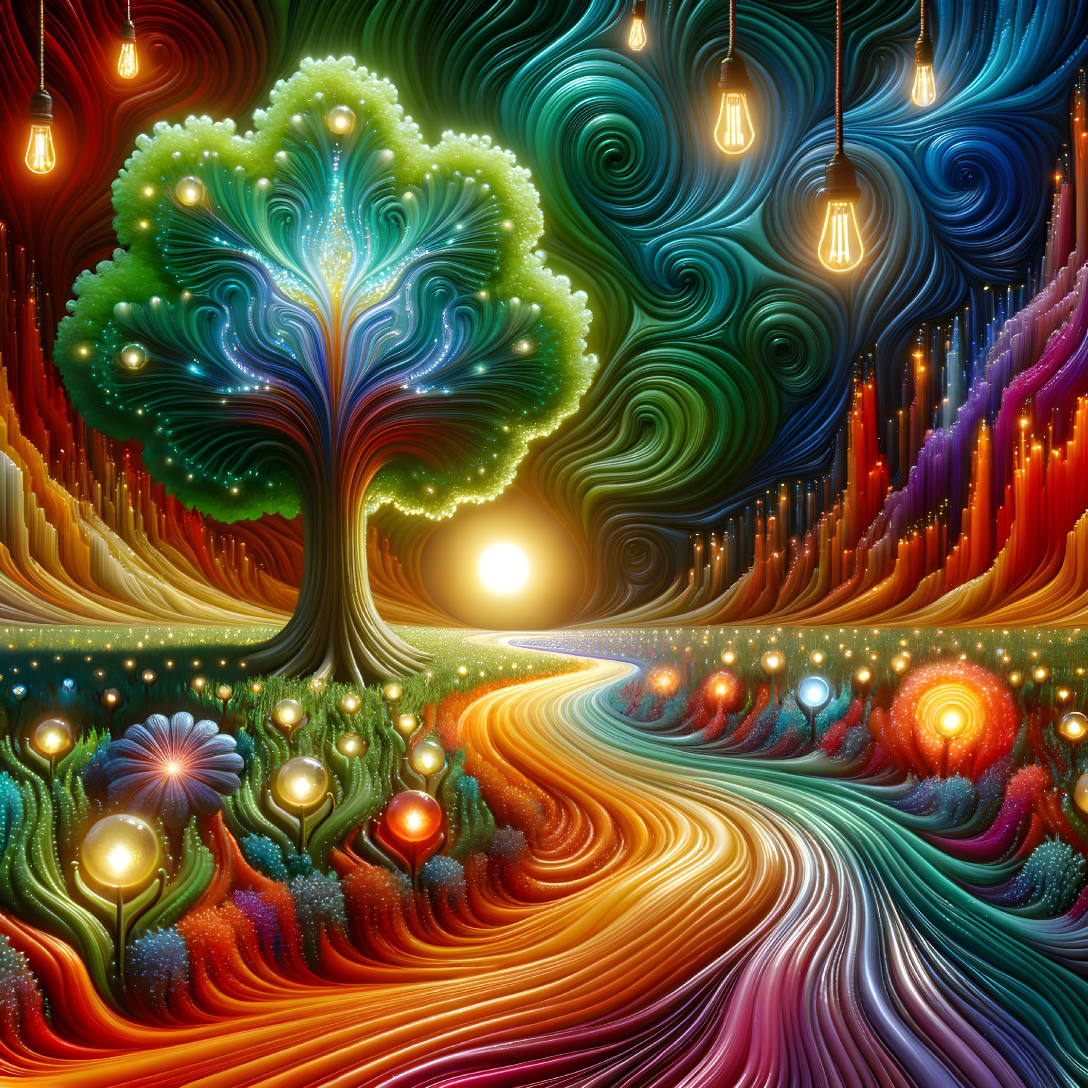 Vibrant Surreal Landscape with Majestic Tree and River