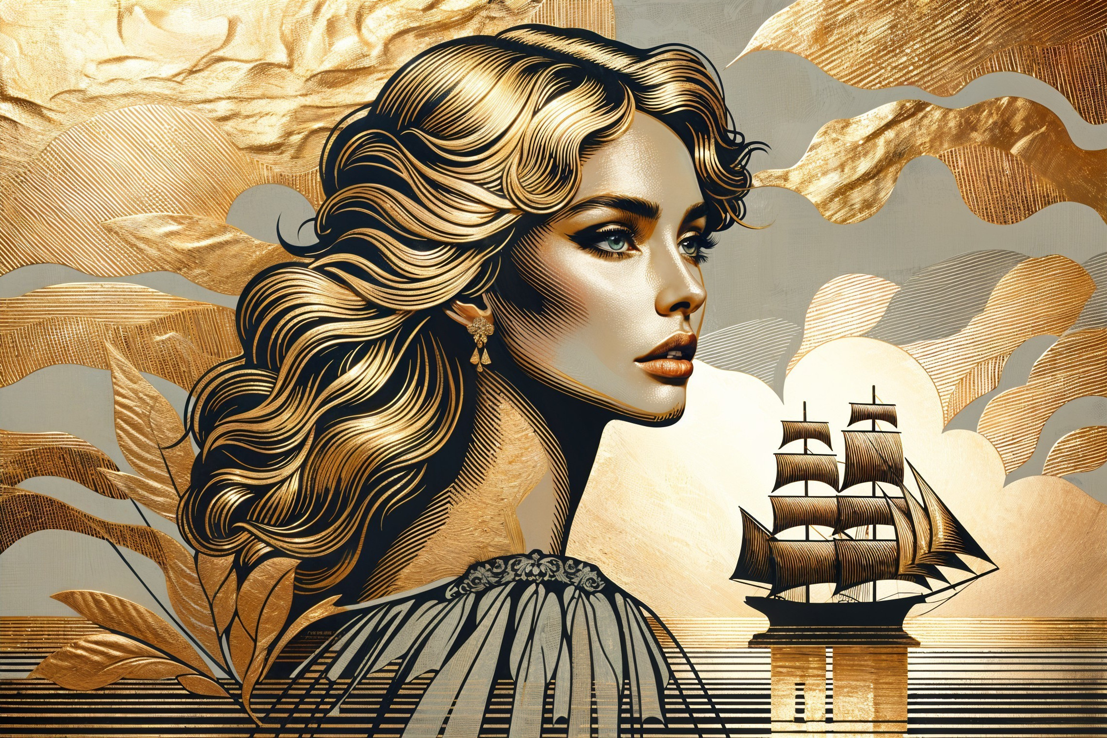 Portrait of a Woman with Golden Hair and Sailing Ship
