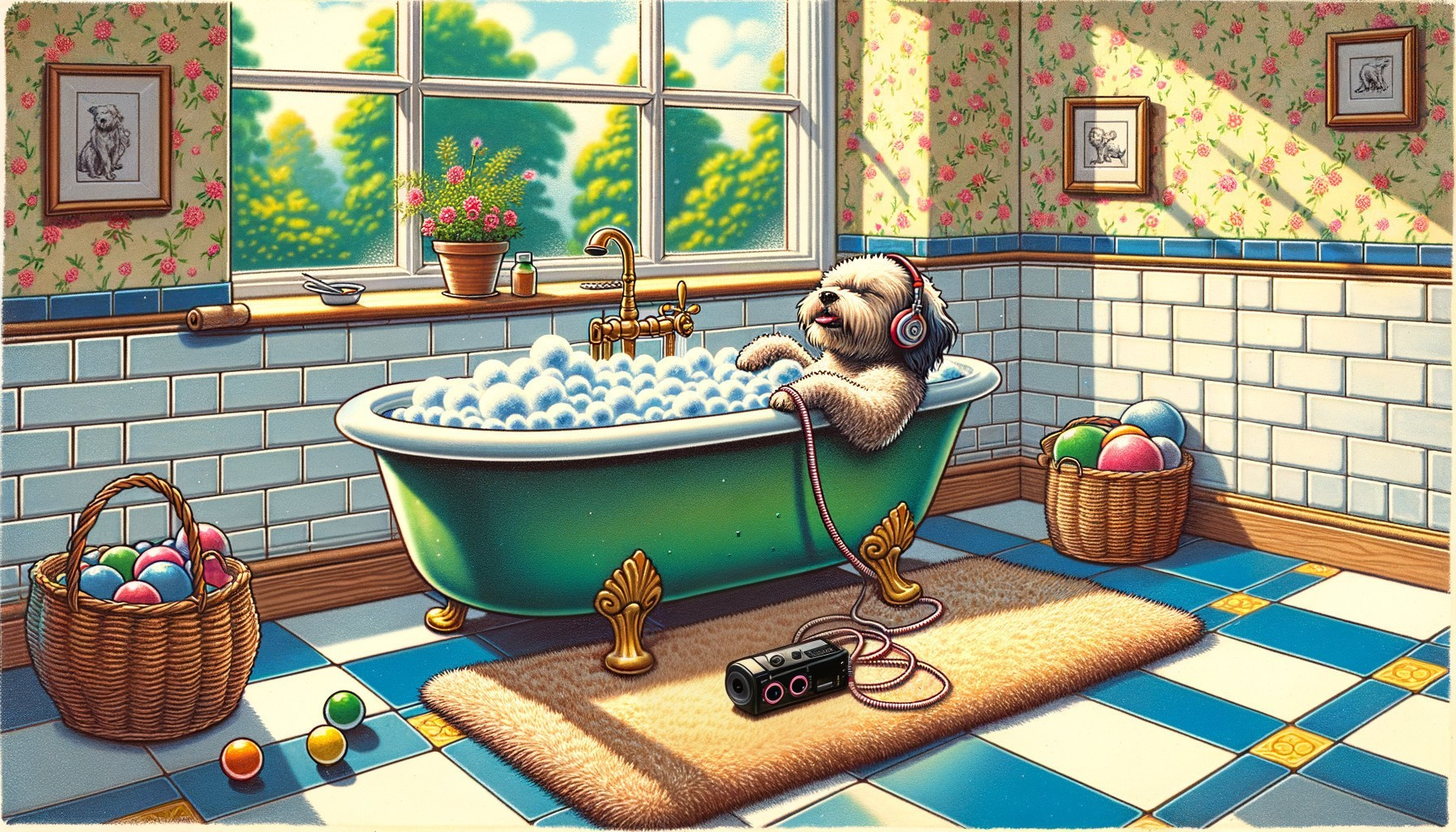 Cozy Bathroom with Vintage Tub and Relaxed Dog