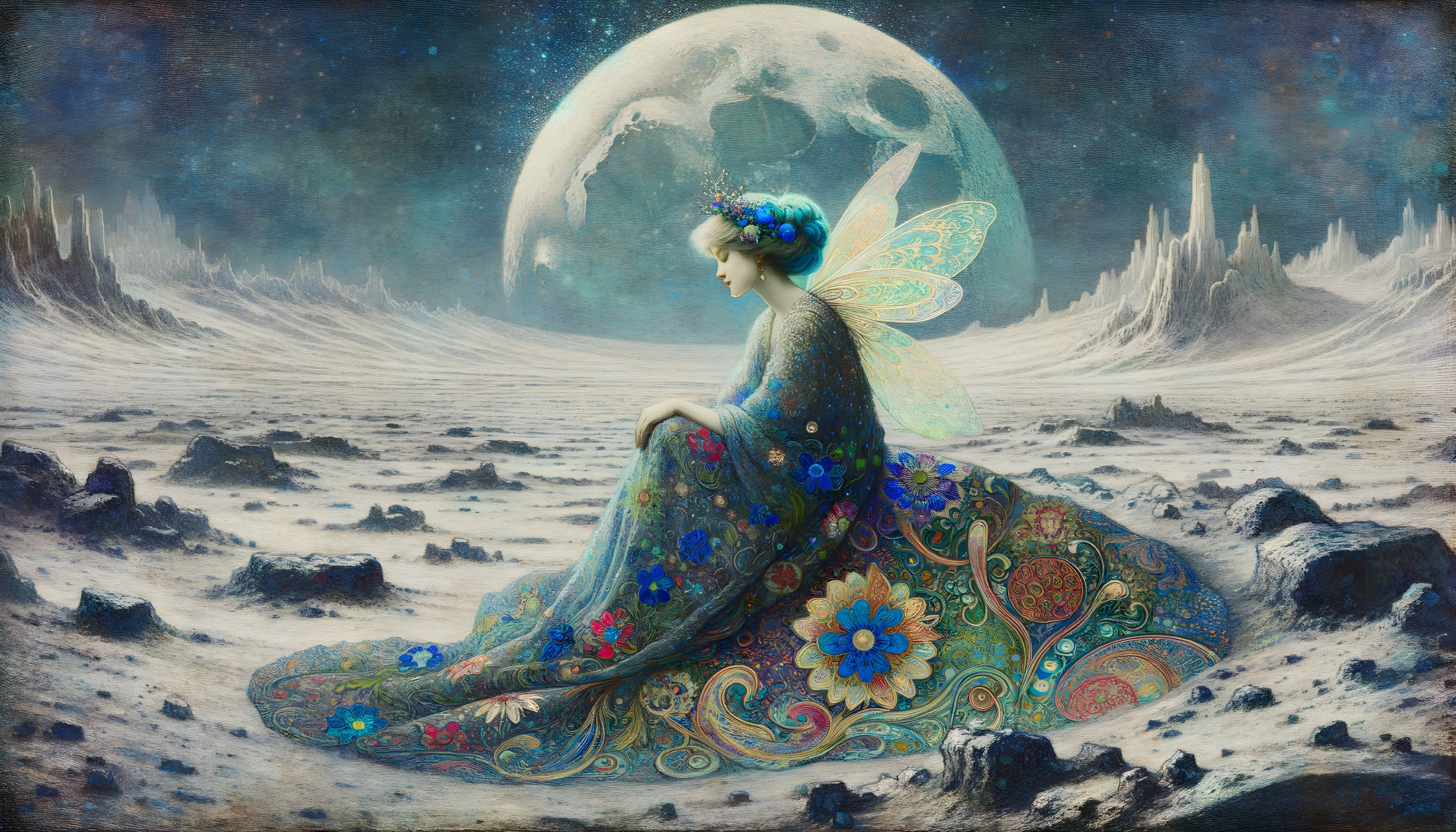 Fairy on a Lunar Landscape with Shimmering Wings
