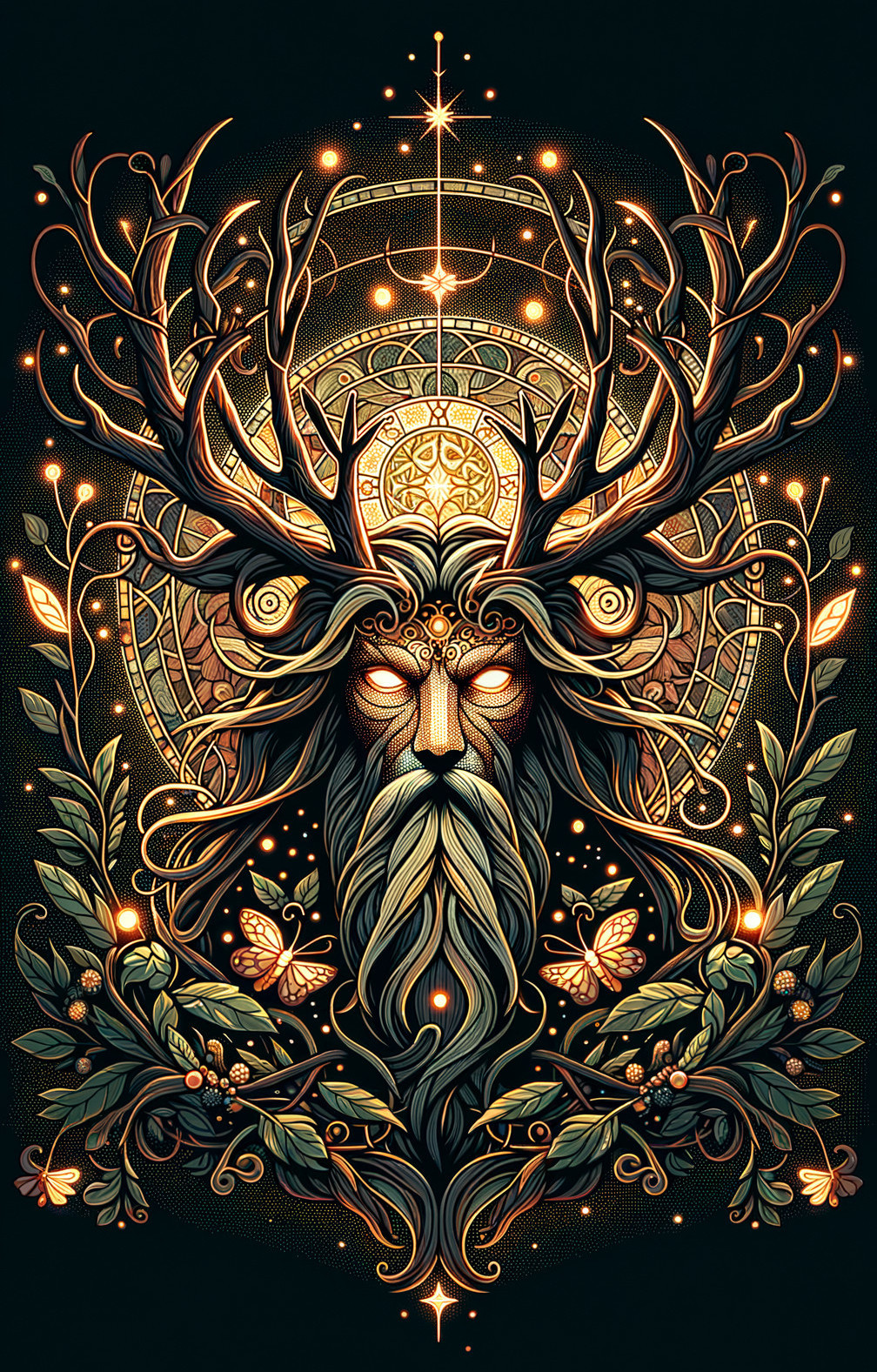 Mystical Antlered Figure with Nature Elements and Patterns