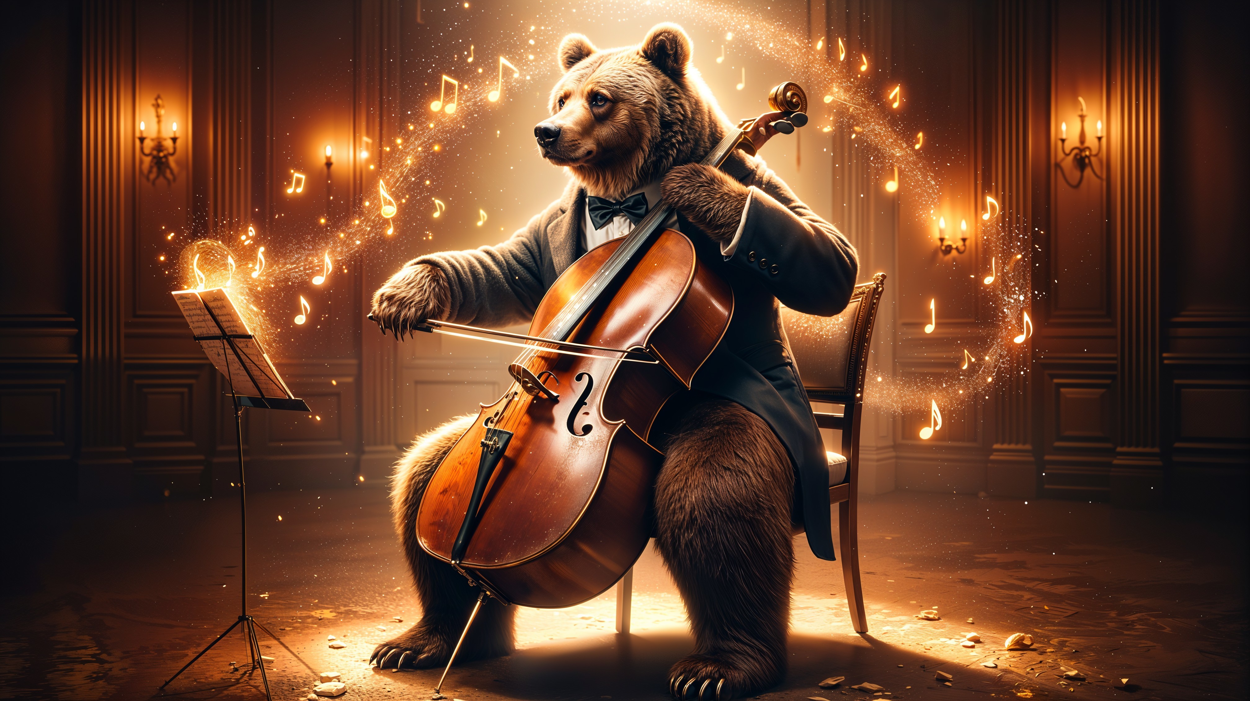 Bear in Tuxedo Playing Cello in Elegant Room