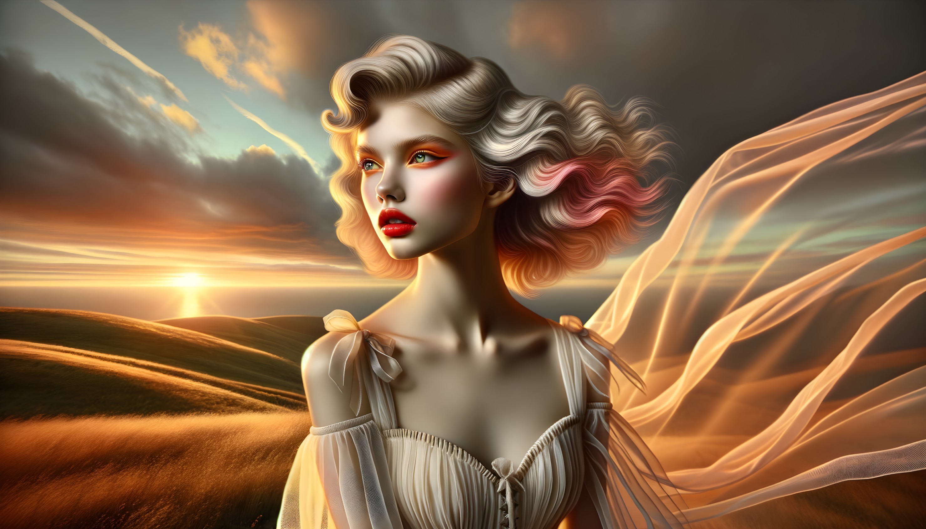 Portrait of a woman in pastel shades at sunset