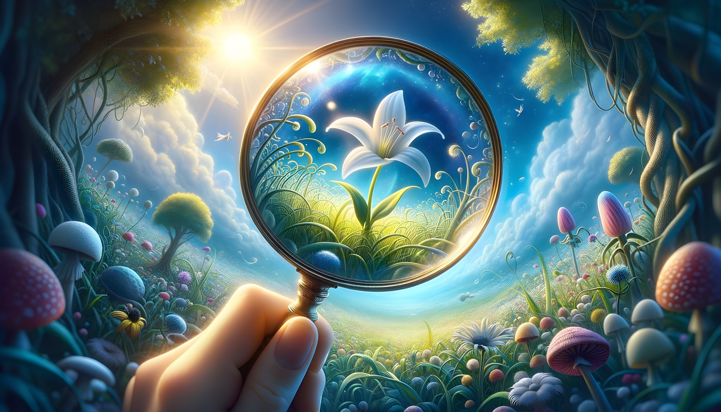 Fantastical landscape with magnified blooming flower