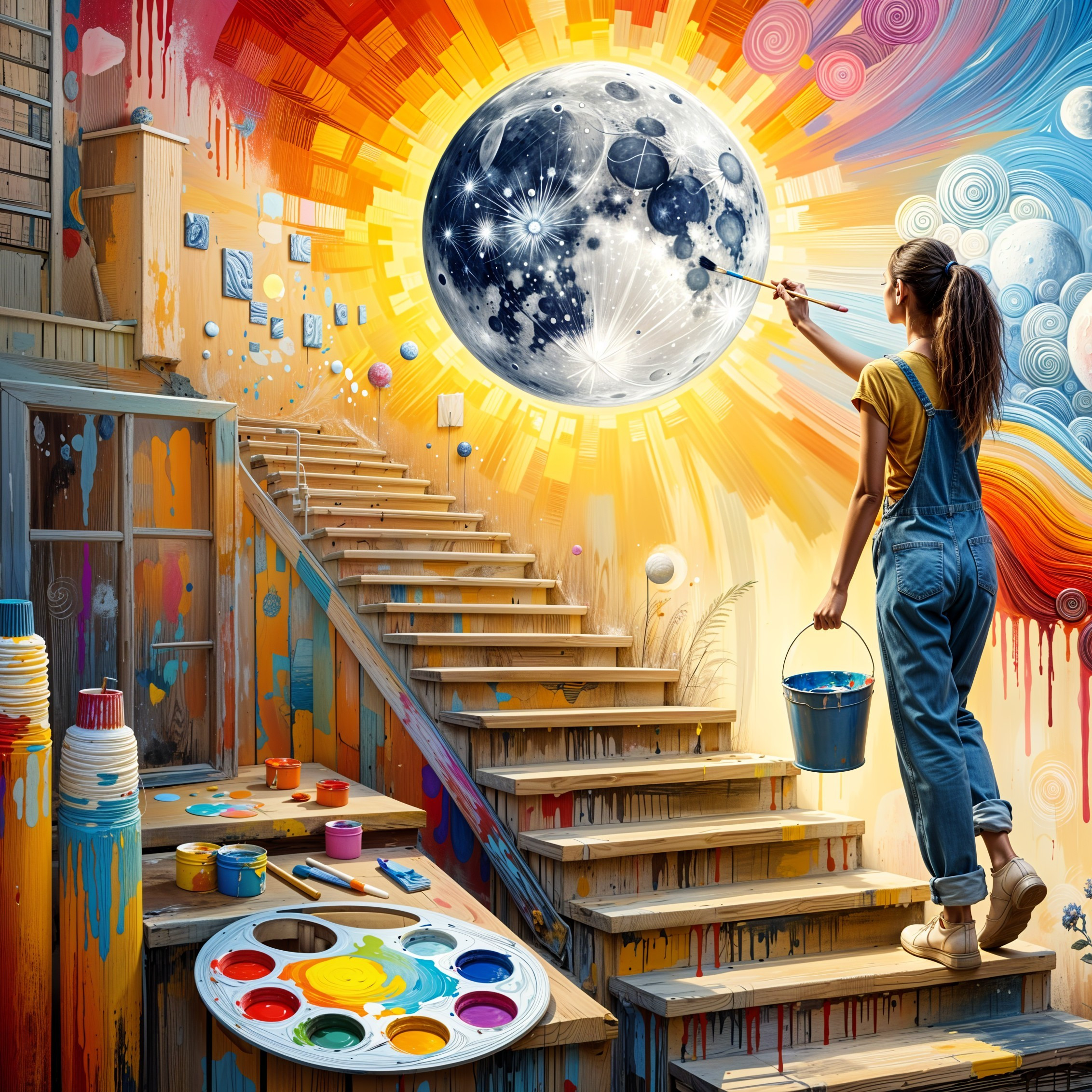 Young Woman Painting Surreal Moon on Colorful Staircase