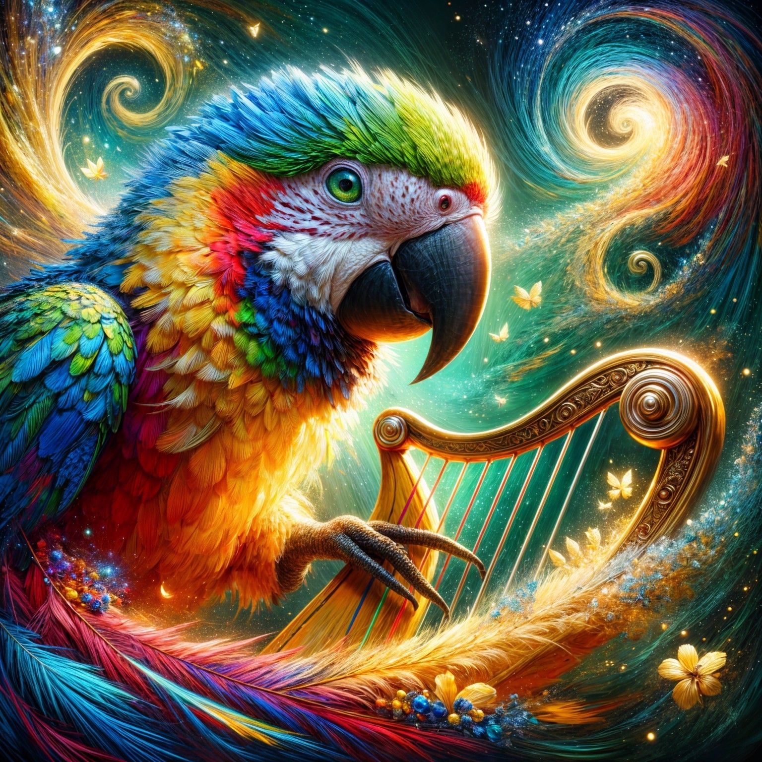 Colorful Parrot with Golden Harp in Cosmic Scene