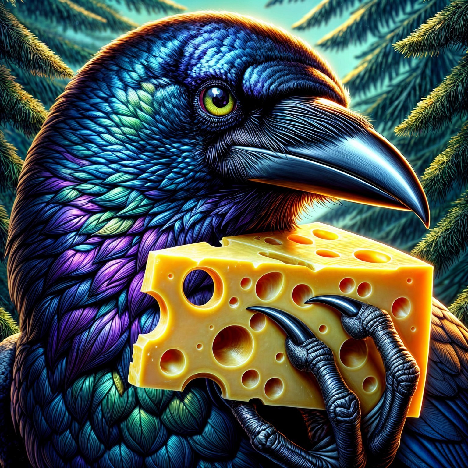 Iridescent raven with cheese in vibrant green trees