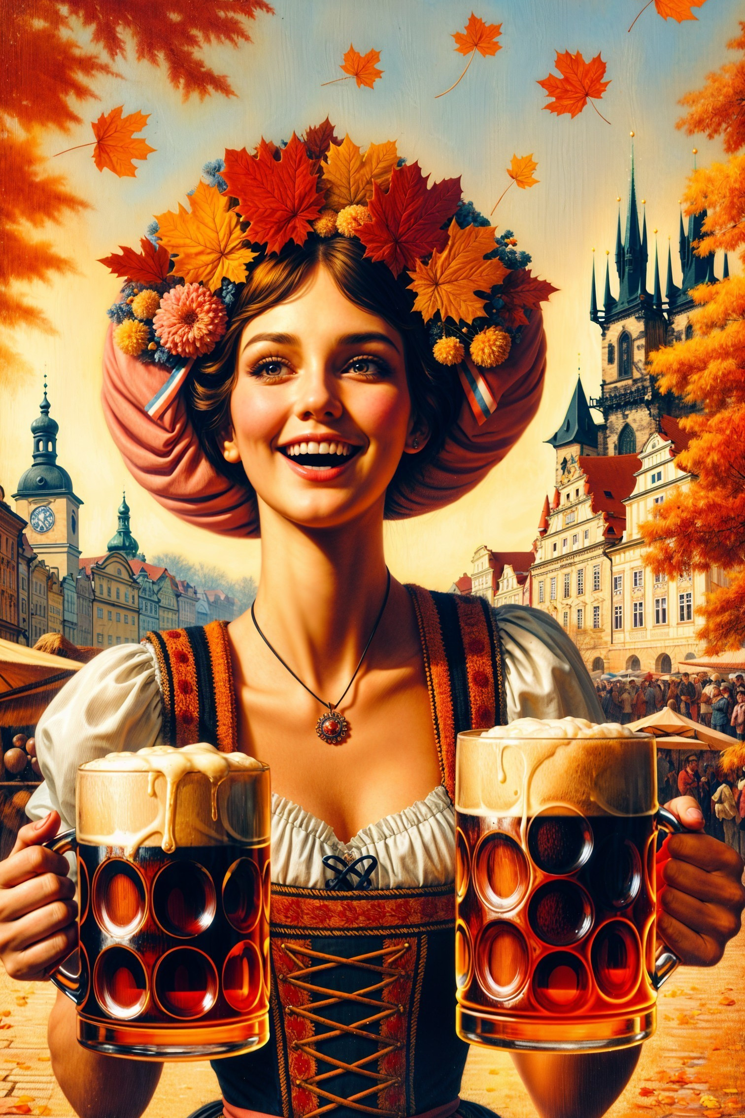 Cheerful Woman in Bavarian Outfit with Beer Mugs