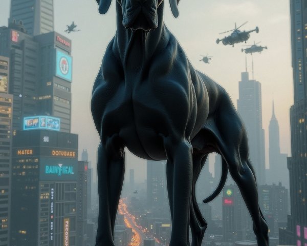 Futuristic Cybernetic Great Dane Overlooking Cityscape