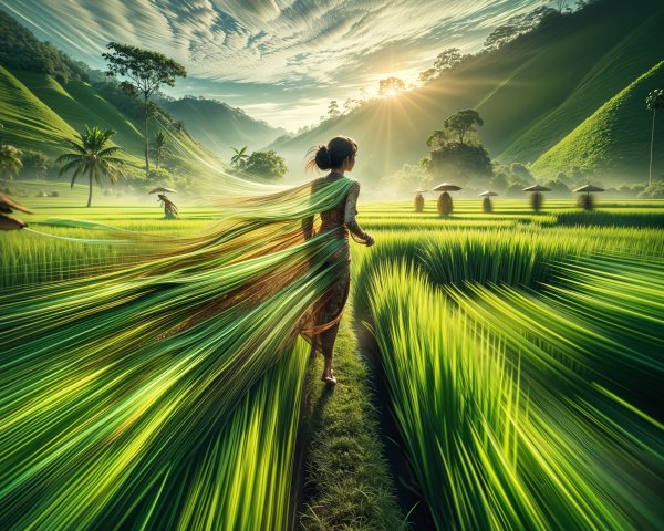 Young Woman in Lush Green Rice Fields at Sunrise